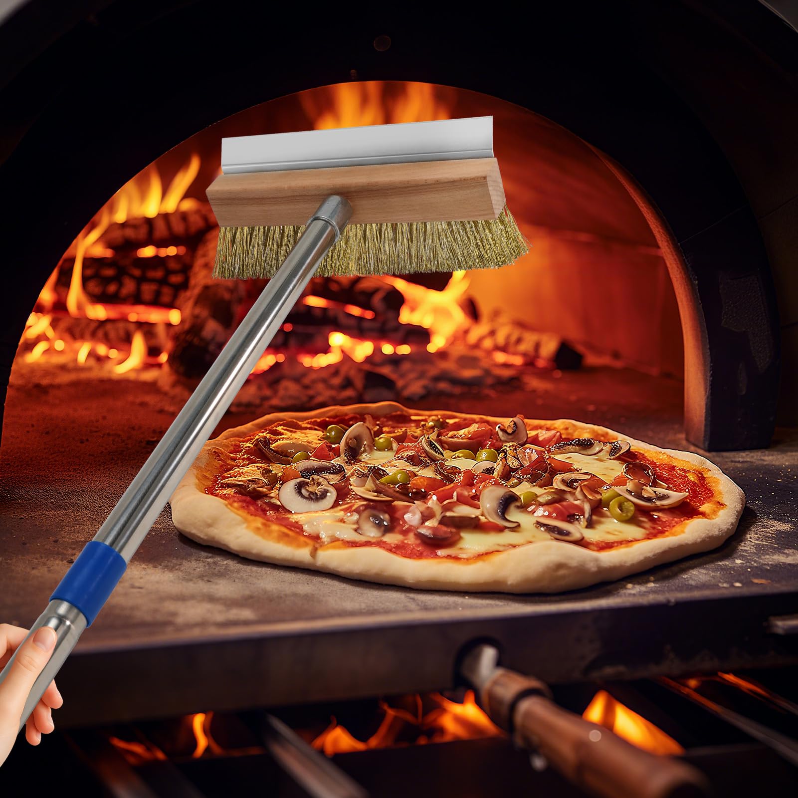 Spazzola per pizza acciaio setole ottone larghezza 25 cm manico lungo 153 cm