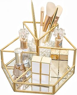 Makeup Organiser, Beauty Organizer, Black Glass, Brush Holder, Retro, Makeup Box, Decorative Tray (Gold A)