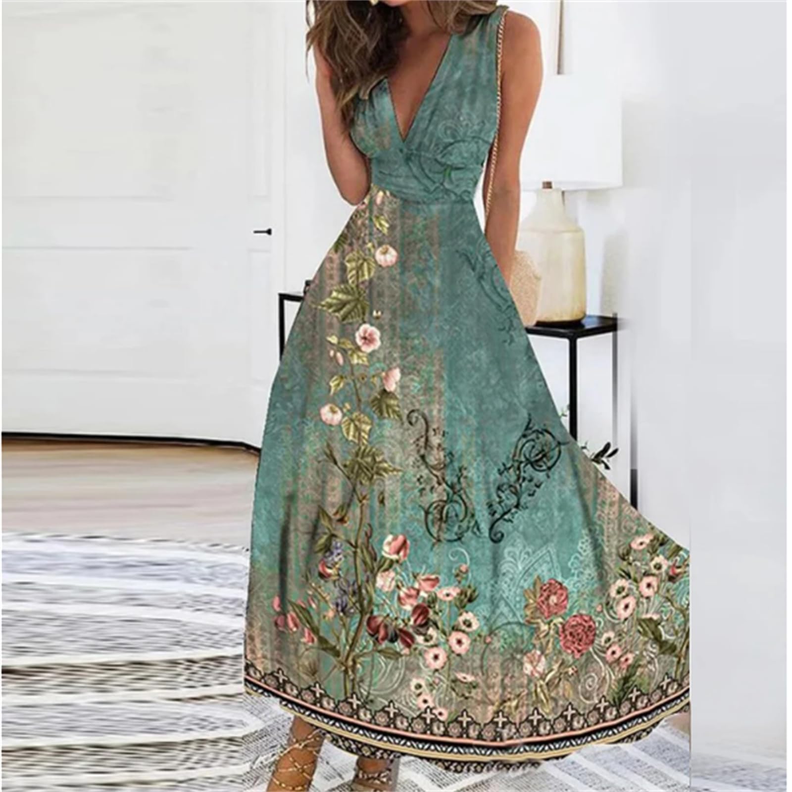 Abito a V Del Partito Swing Delle Donne Boho Floral Beach Dress Vacanze Abiti Estivi Plus Size Abbigliamento, HUTALIM, Verde, l
