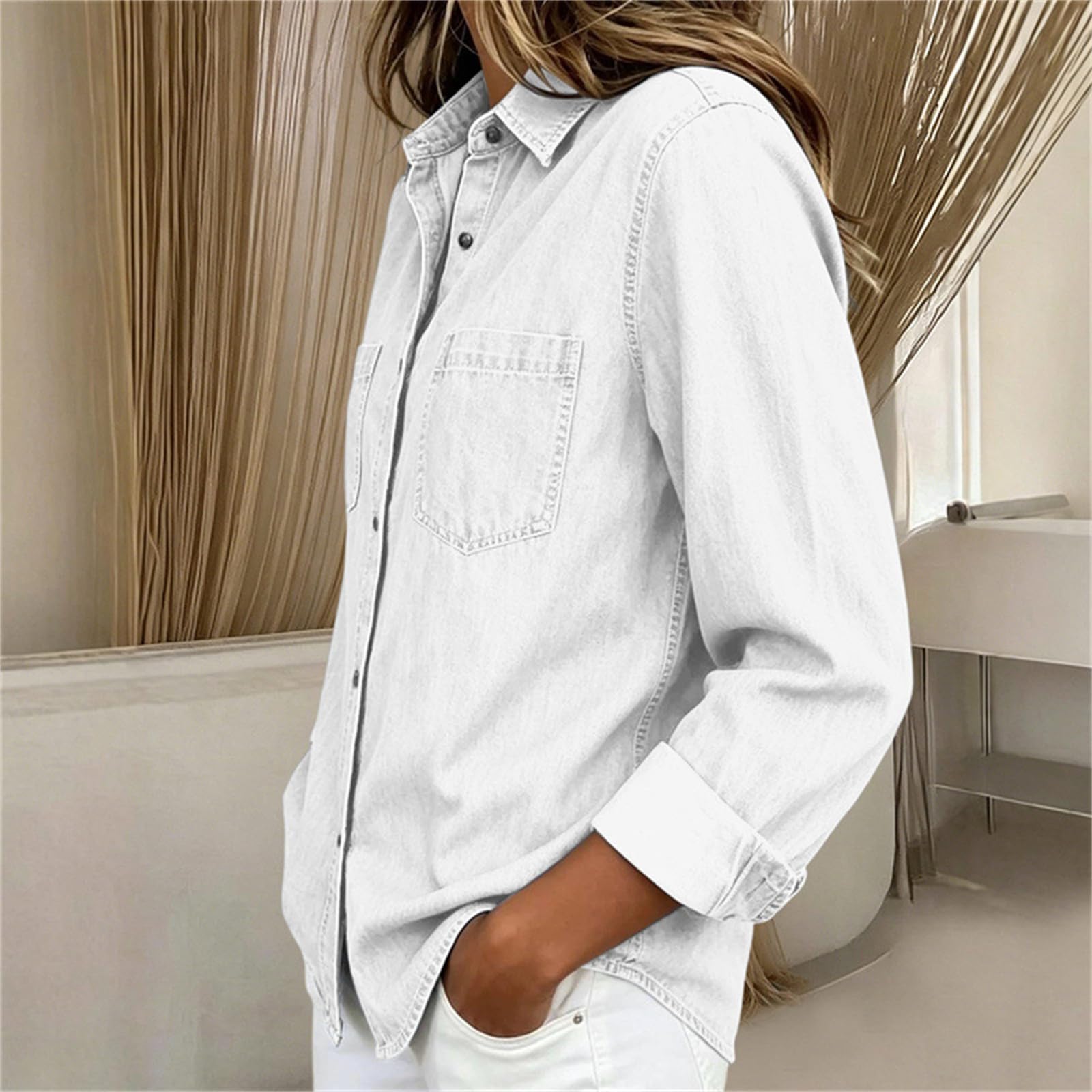 Generisch Camisa vaquera de manga larga para mujer, con botones, talla grande, blusa informal