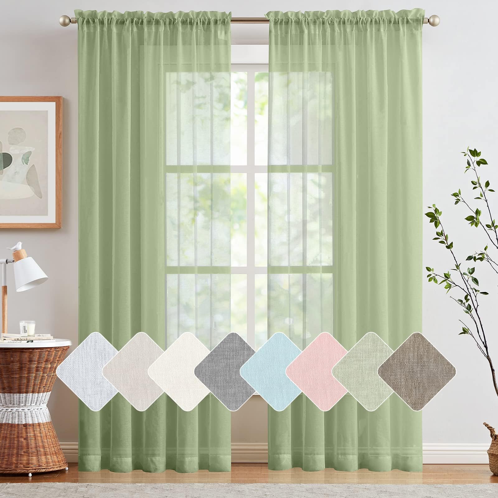 Lazzzy Voile Curtains for Bedroom Sheer Curtain 84 inch Long Sage Drapes for Living Room Rod Pocket Window Drapes 1 Pair