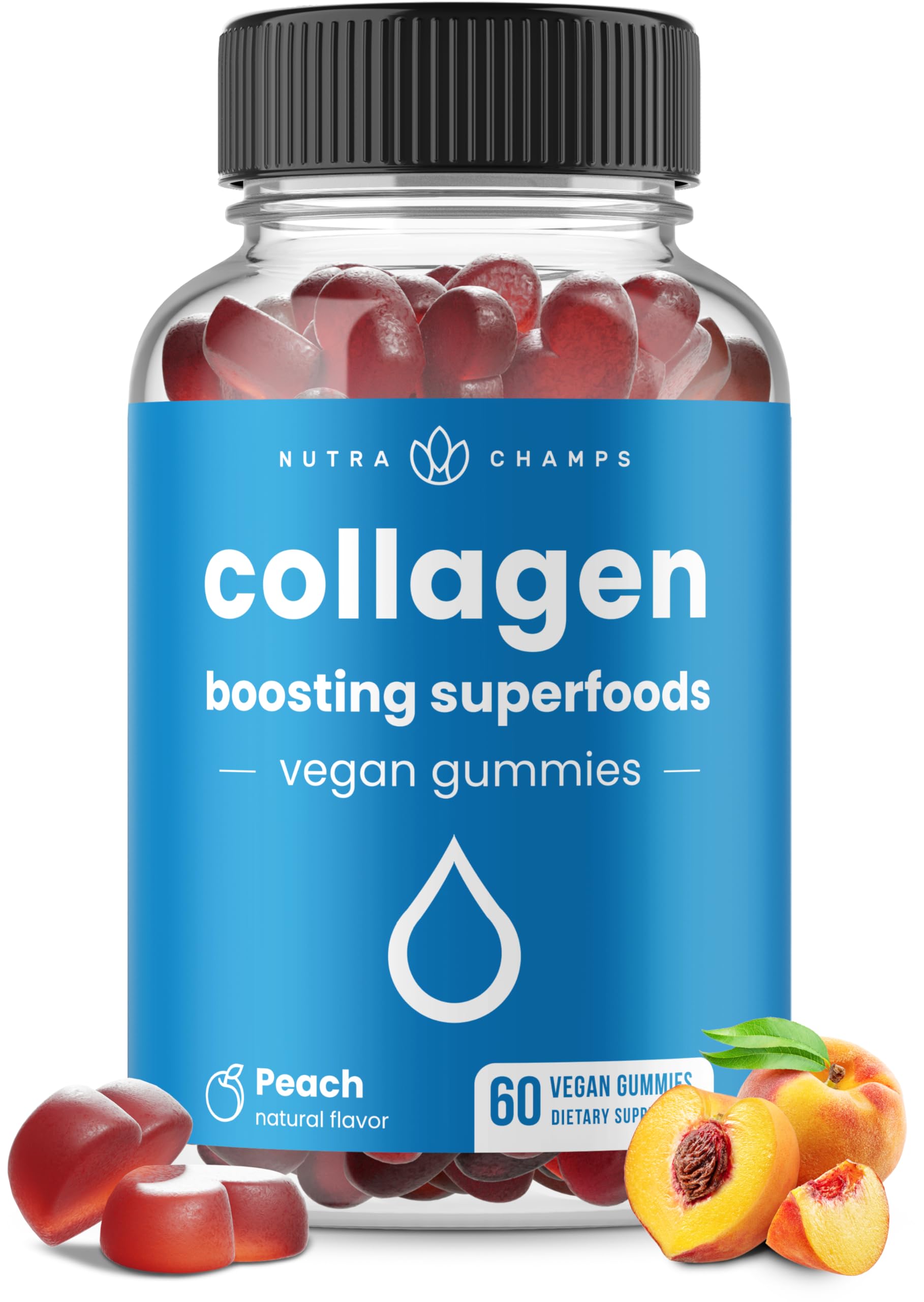 Collagen Boosting Gummies | Collagen Booster Gummy for Natural Collagen Production | Hair, Skin, Nails, Joint Support | Plant-Based Pectin Supplements Chews for Women & Men | 60 Peach Vitamins Gummies