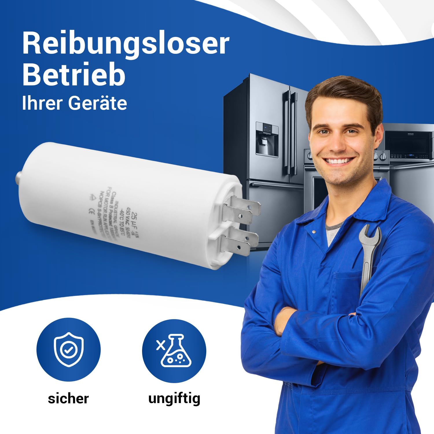 VIOKS Kondensator rozruchowy CBB60 kondensator 25µF 450 V – kondensator silnikowy LED, uniwersalny z flagami wtykowymi AMP 6,3 mm i śrubą mocującą M8 do elektrycznych urządzeń domowych