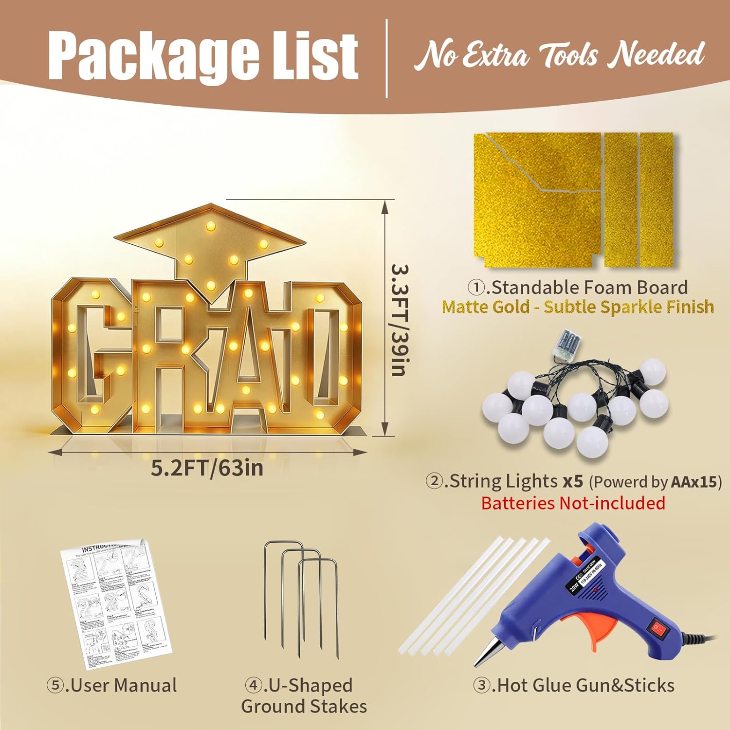 Graduation Decorations 2026 - 5.2FT Long Extra Large Marquee Light Up Letters "GRAD" Sign, Graduation Party Decor for Kindergarten High School College Celebration, Class of 2026 Backdrop Centerpiece - Gold