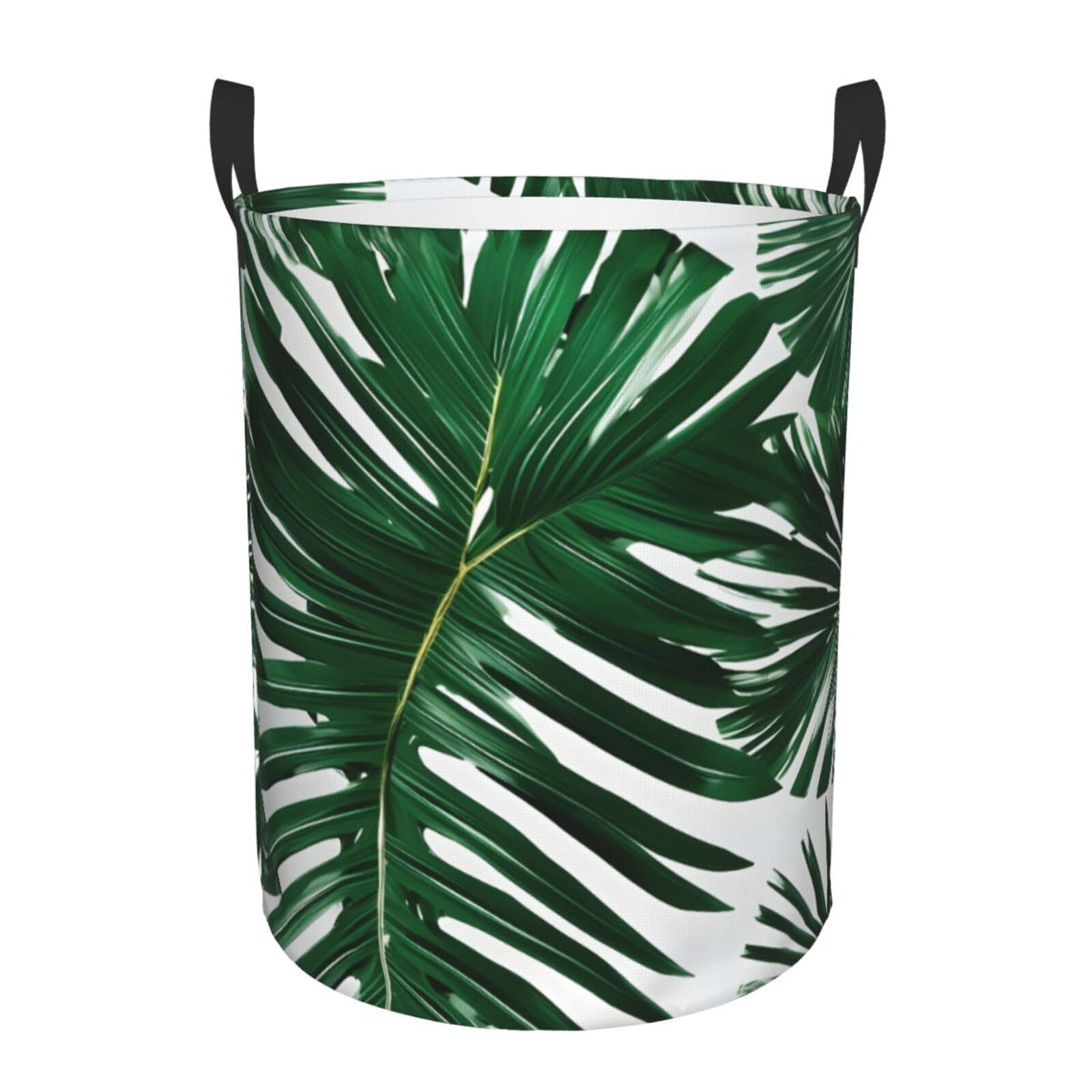 S Collapsible Laundry Hamper Round Green Palm Leafs Print Storage