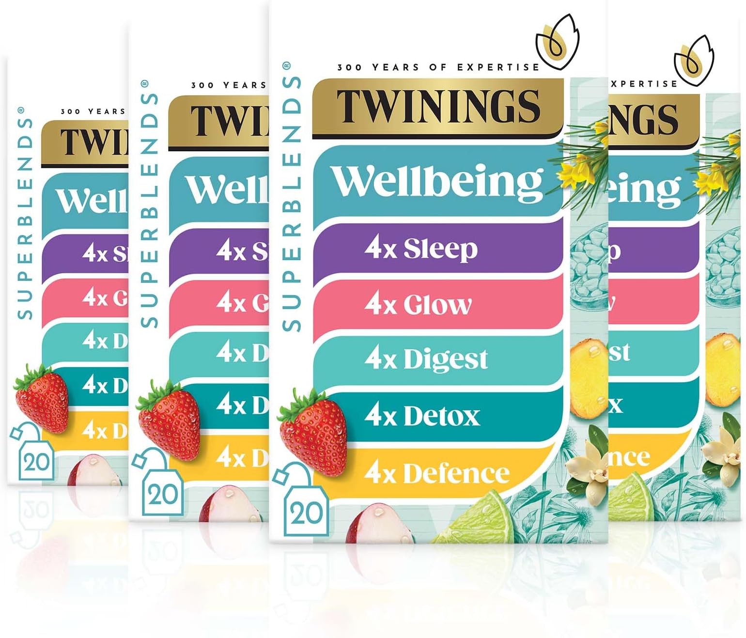 Superblends Wellbeing Collection - Defence, Glow, Digest, Detox & Sleep Tea Bags, 4 x boxes of 20 biodegradable tea bags, 80 bags in total