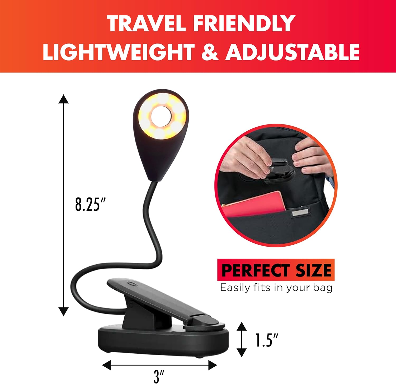 Mito Red Light - Circle Amber Light Book Light - Book Lights for Reading at Night - Portable, Rechargeable Book Light Clip On with 360° Gooseneck - Reading Lights for Books in Bed