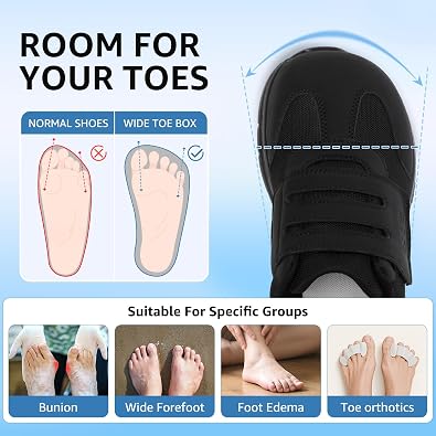 Wide Shoes Women Hook and Loop Walking Sneakers | Wide Toe Box, Easy to Put on/off, Adjustable Strap, Arch Support, for Seniors, Elderly, Pregnant Women