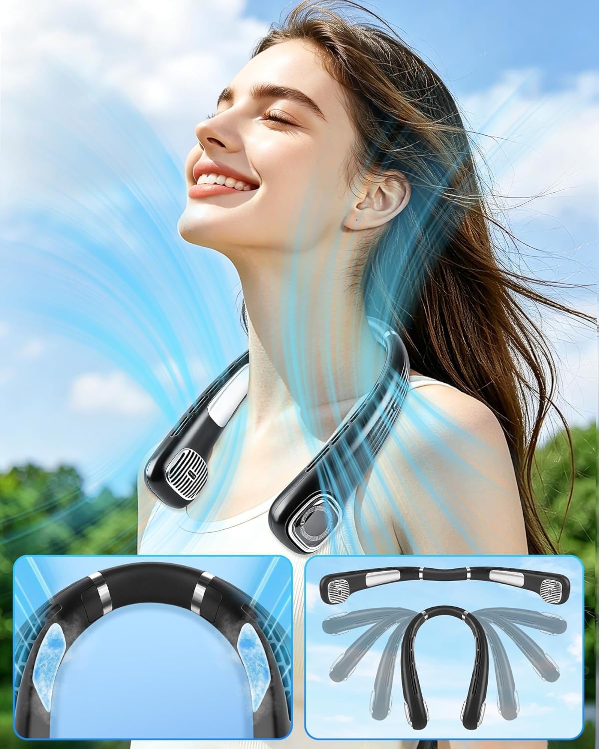 Ventilador Cuello - USB Ventilador de Cuello Portátil Silencioso con Batería Recargable, Potente Collar Ventilador de Pescoco con Agua, Auriculares Ventilador Colgante Cuello, Ligero Personal Neck Fan