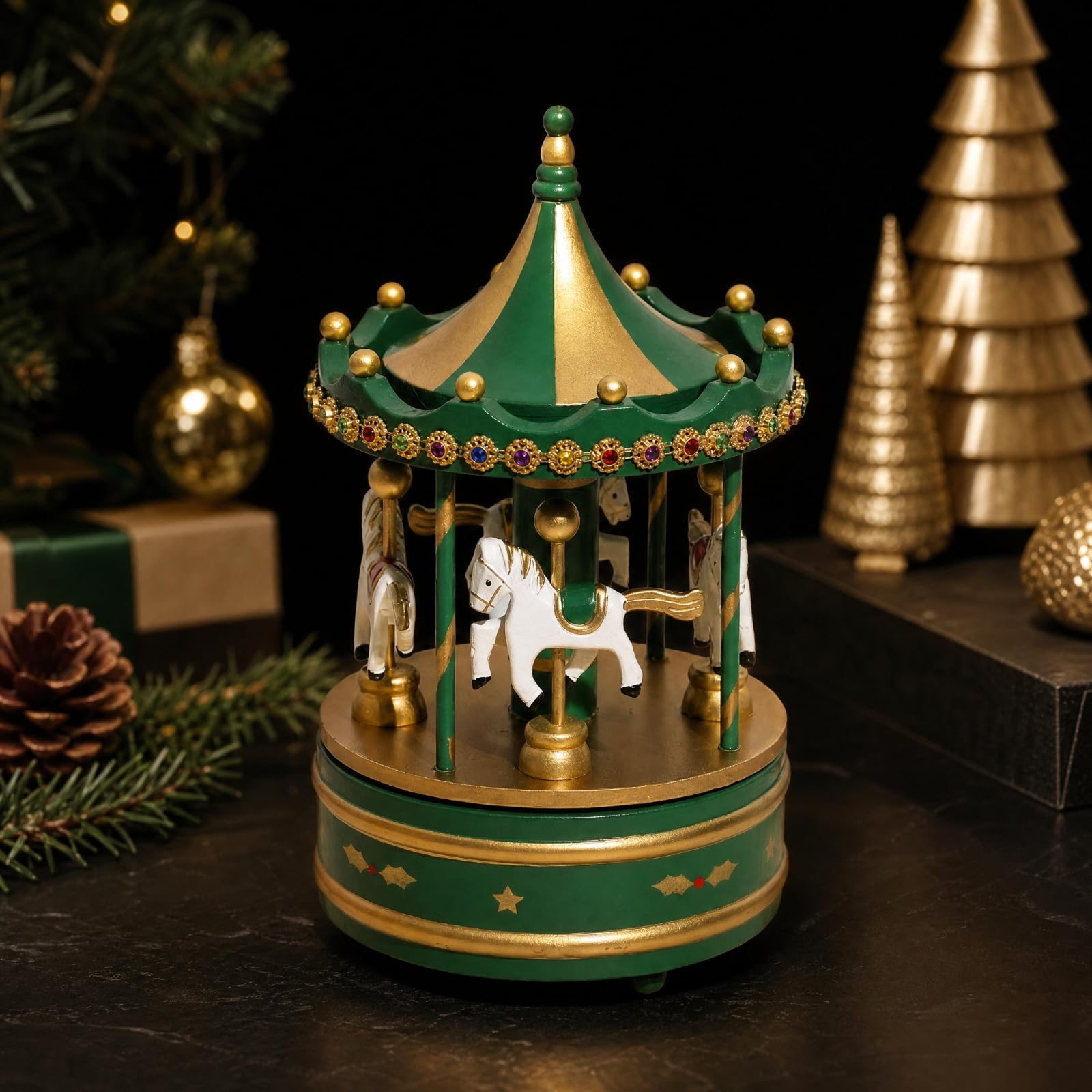 Milageto Caja Música Carrusel Navideño Decorativo Carrusel Musical Madera Tradicional Caja Música con para Exposición Navideña, Escritorio, Oro