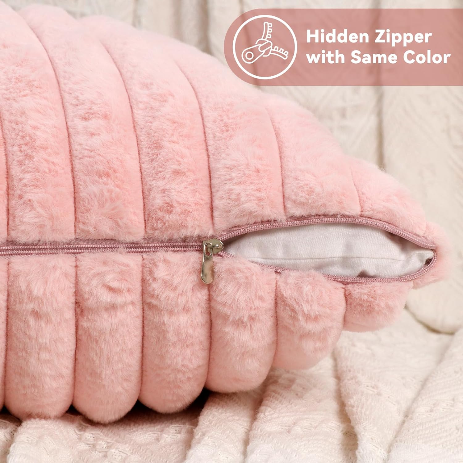 Faylapa Pack of 2 Decorative Throw Pillow Covers Faux Fur Plush Valentines Pillowcases Soft Fluffy Striped 16x16 Inch Pillow Cases for Couch Sofa Living Room Car Home Decoration (Pink)(Cover ONLY) - Image 2