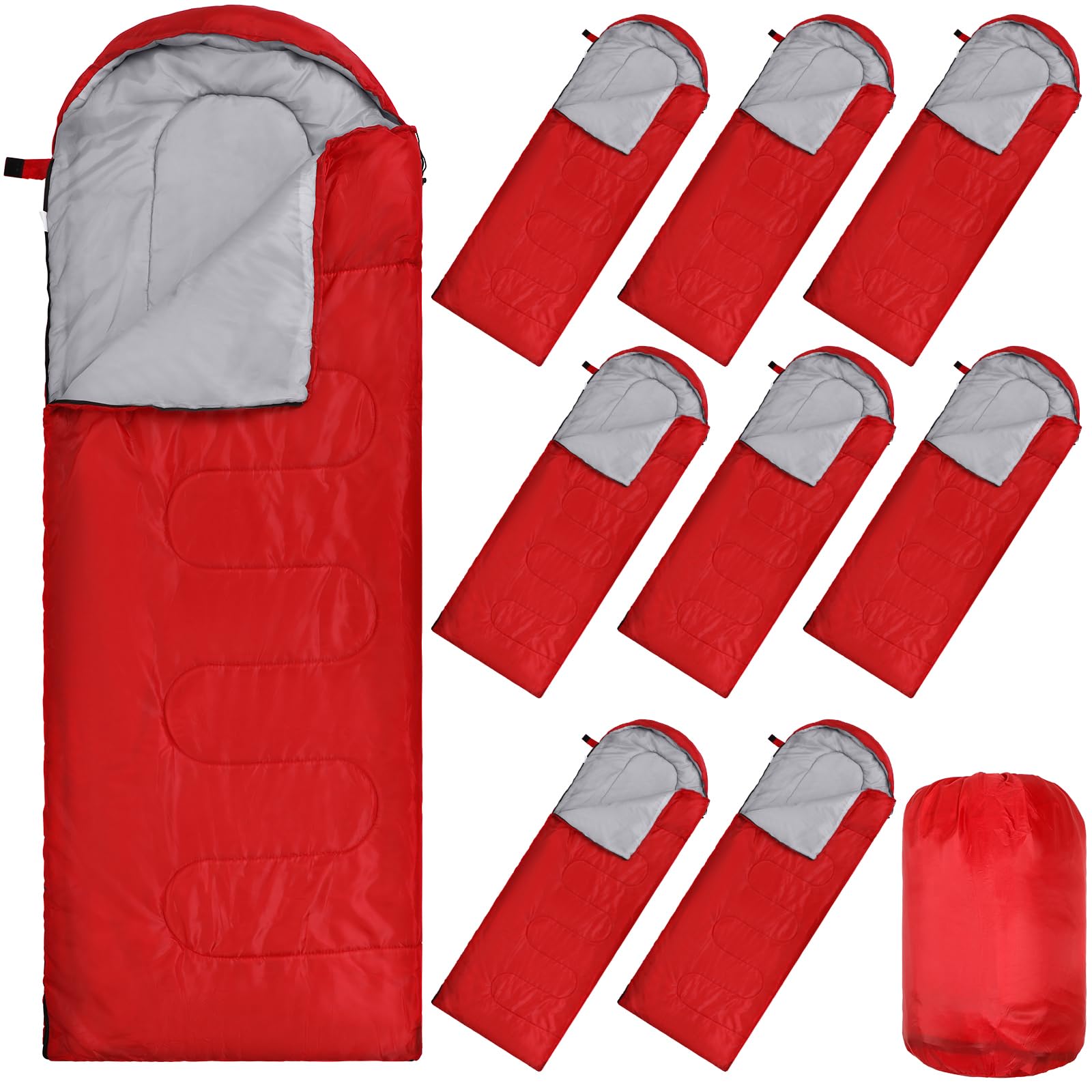 Photo 1 of 10 Pcs 0 Degree Camping Sleeping Bags Bulk for Adults Cold Weather Sleeping Bags 4 Season Warm Waterproof Lightweight with Compression Sack for Backpacking Hiking Travel Homeless Red