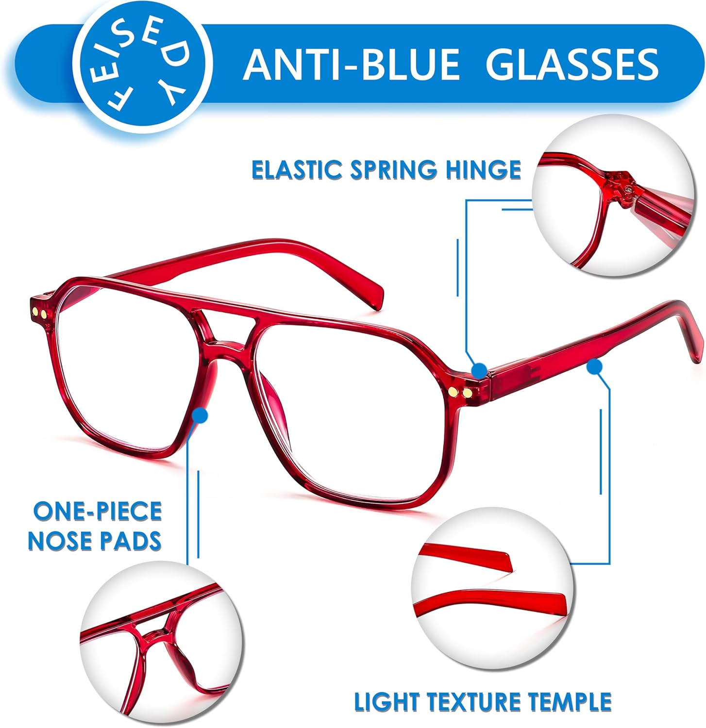 FEISEDY Retro Aviator Reading Glasses Square Readers with Spring Hinge Blue Light Reading Glass for Women Men B0068 - Image 5