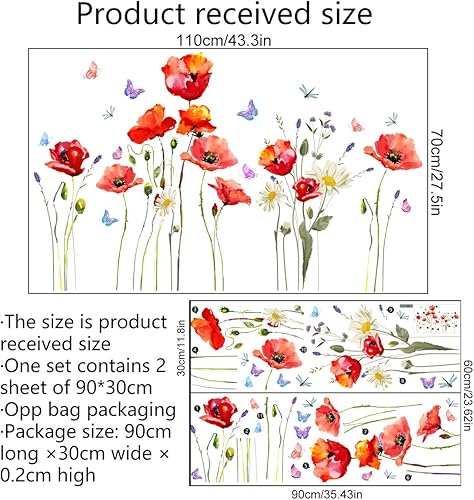 Miniatura 2 de Calcomanías de pared de flores de amapola roja, margaritas florales y mariposas, calcomanías de pared para bricolaje, hojas verdes, plantas y
