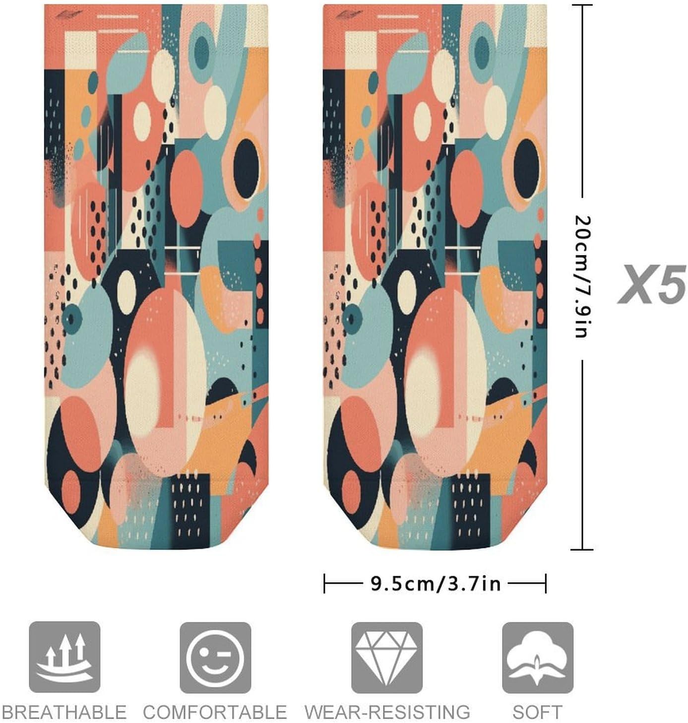 Abstract Shape Style Ankle Sock,Cushioned Crew Socks Low Cut Compression Running Sock with Ankle Support for Men Women(5 Pairs)