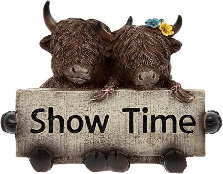 Hobby Lobby Highland Cows Show Time Figurine, Farmhouse Decor, Brown Resin Figurine, 6.25" H x 7.5" W, Game Room, Family Room