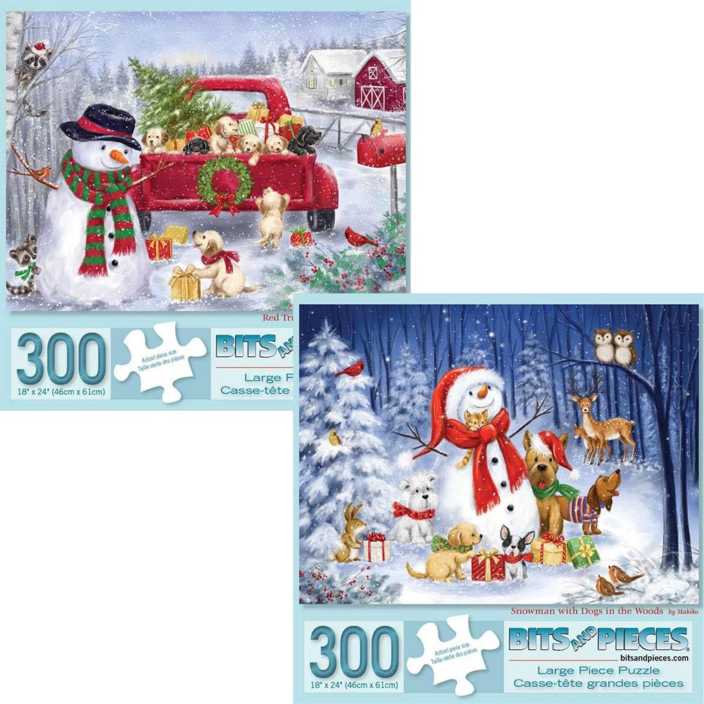 Bits and Pieces Value Set of Two Jigsaw Puzzles for Adults — Winter Holiday Snowman & Red Truck with Puppies by Makiko — Festive, Scenic Artwork with Unique Die-Cut Pieces (Two 300 Piece Puzzles)