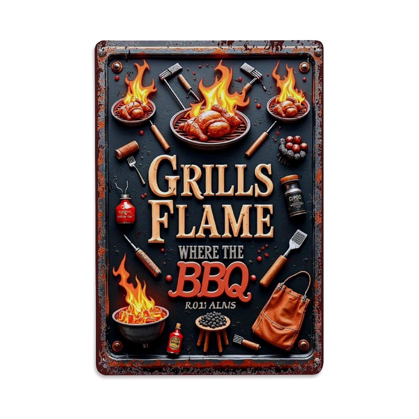 Jdfenggu Vintage Grills Flame Bbq Tools Fire Retro Metal Tin Sign, Decor Art Poster For Bar, Home, Man Cave, Kitchen, Laundry Room Gift 8X12inch