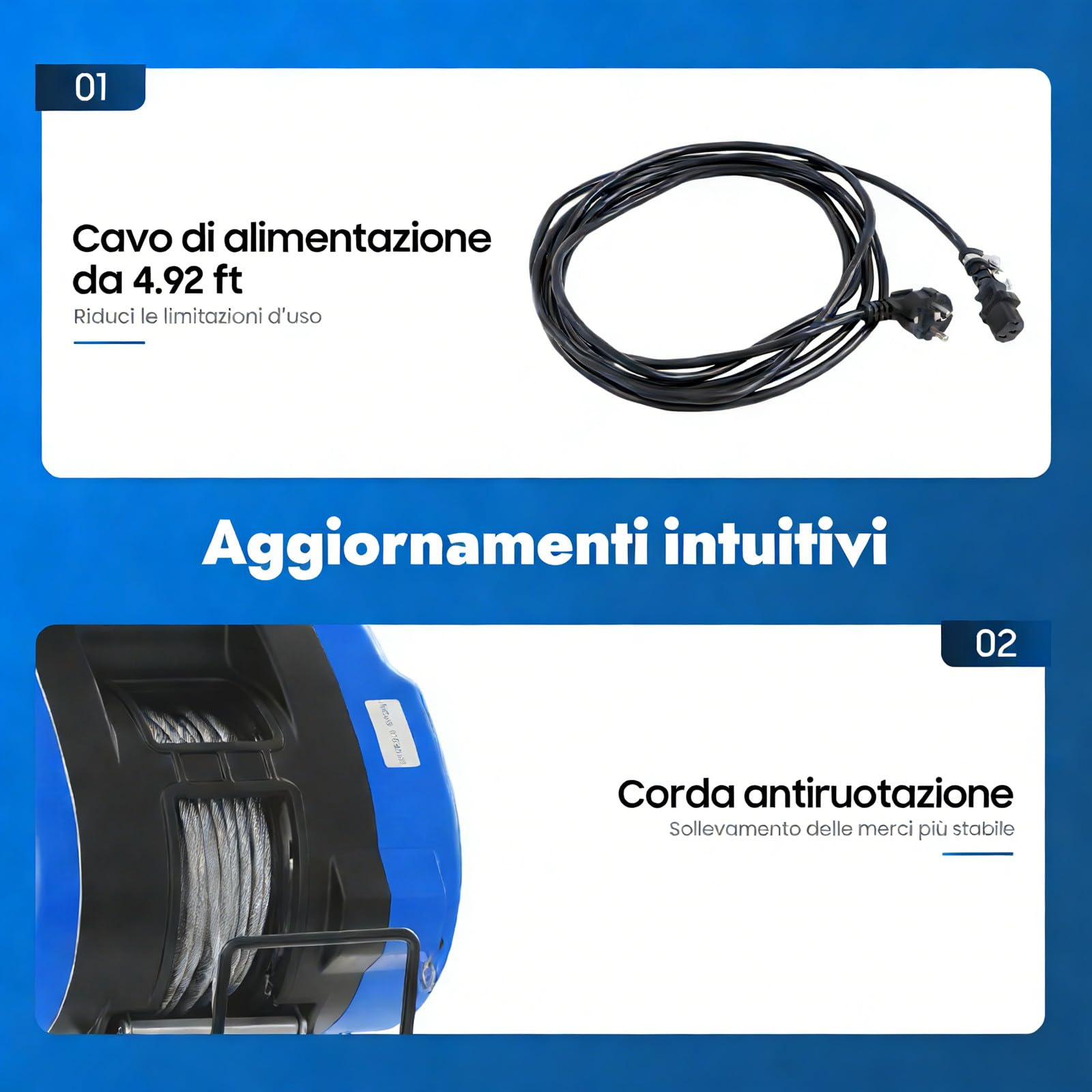 Verricello elettrico mobile, 230 V, 250 kg, portata 19 m/min, telecomando senza fili (100 m), con batteria, manico di controllo del cavo, 1500 W, 29 m, altezza di sollevamento 30 m, fune metallica