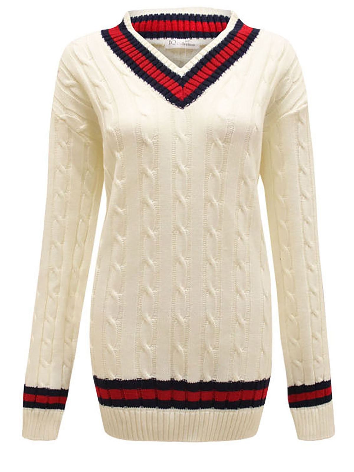 Missmister Mens Womens Unisex Plus Size V Neck Cable Knit Cricket Jumper Sweater Pullover (Small/Medium, Cream)
