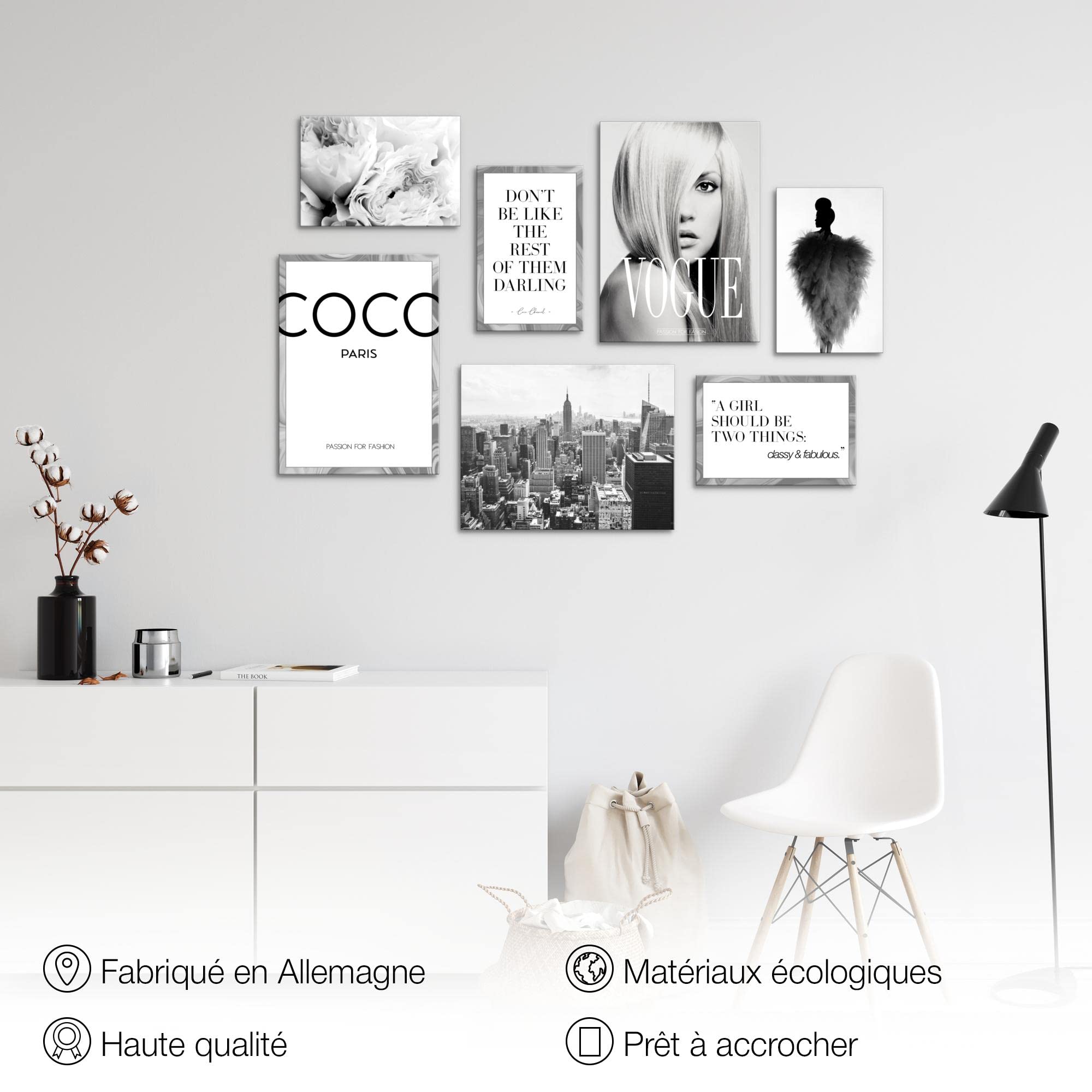 Novart- Tableau Décoration Murale- Mode Vogue- Decoration Chambre Salon- Prêt à être Accroché- 7 Cadres de 30x40 & 20x30 cm- Noir- N002171a