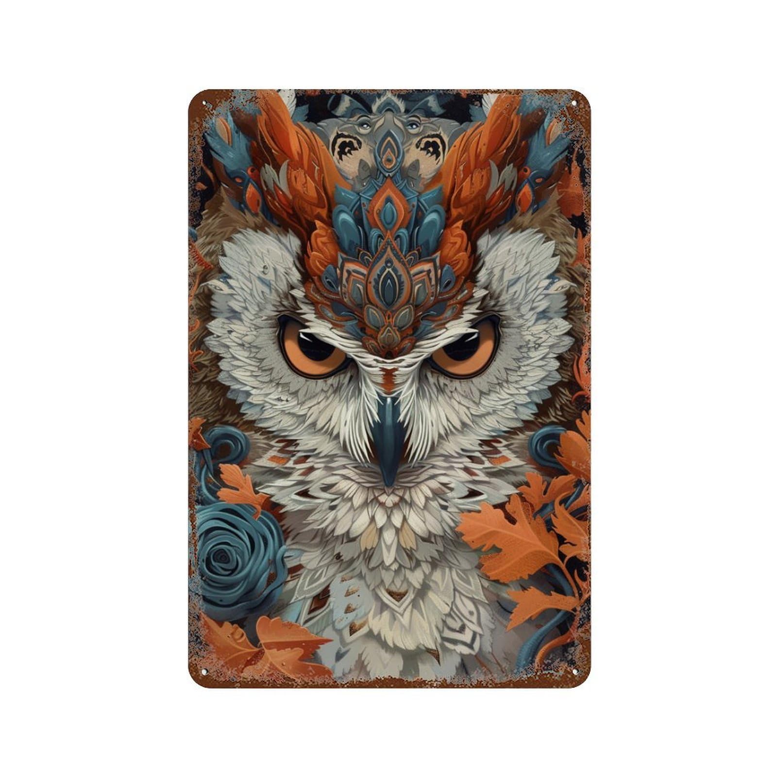 Garage Style Fantasy Owl Artwork Vintage Rust Metal Sign 11.8"x7.9", Shabby Chic Decor for Bar And Workshop