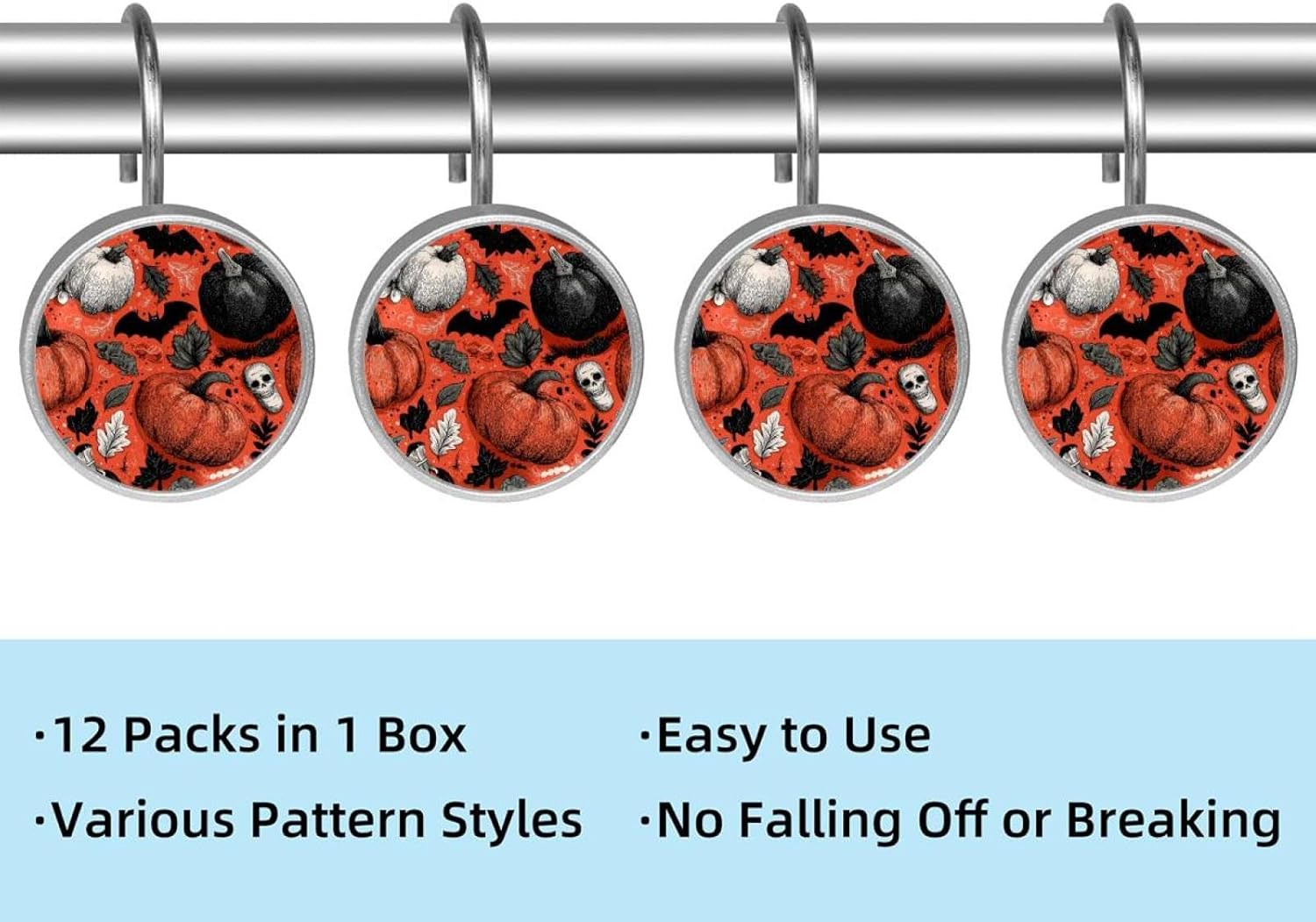 12PCS Halloween (22) Shower Curtain Hooks Metal Rust Resistant Decorative Shower Curtain Hooks Bathroom Decorations
