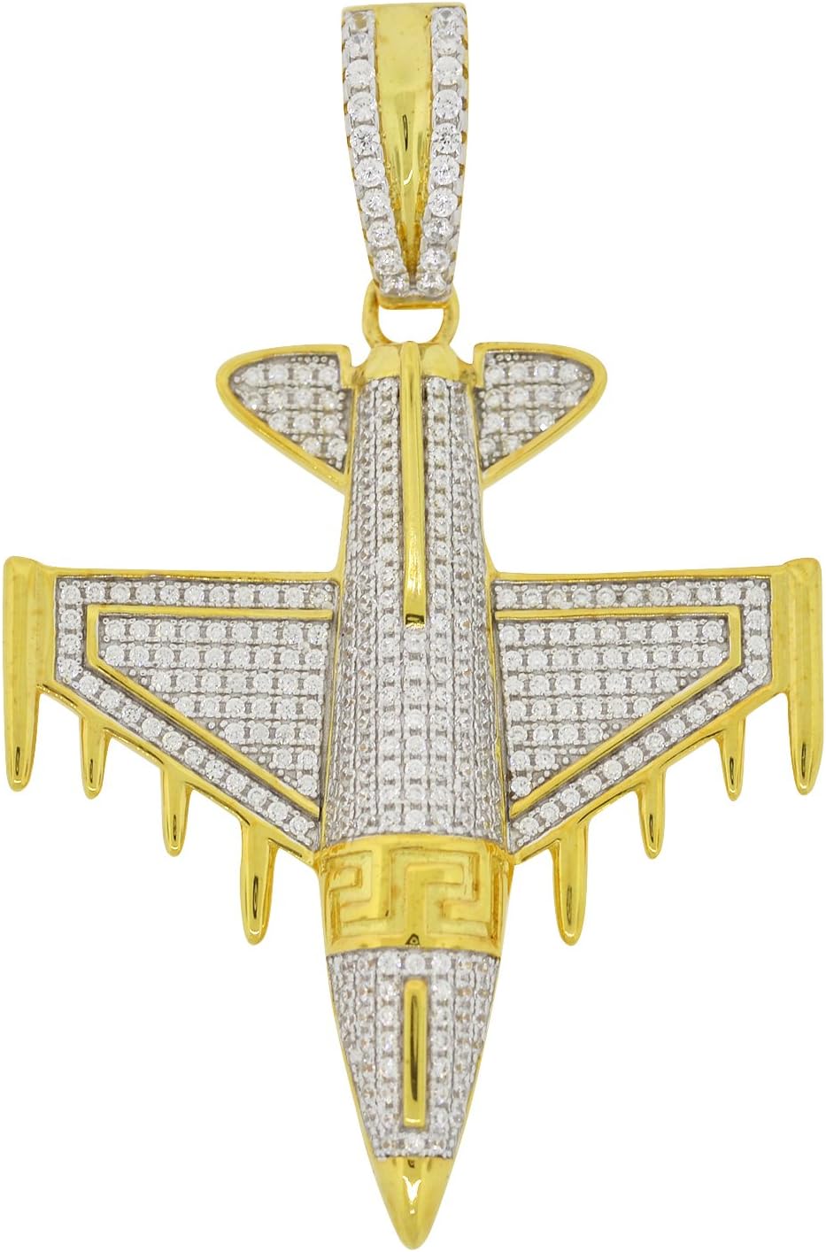 Men's Two Tone Gold-and-Rhodium-Plated Sterling Silver Round Cut Cubic Zirconia Fighter Jet Plane Pendant, 2.50" x 1.60"