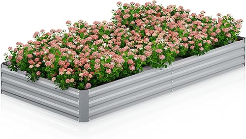 Magshion Cama de jardín elevada, caja de jardinería galvanizada de 8 x 4 x 1 pies, diseño inferior abierto para verduras, flores y hierbas elevadas,