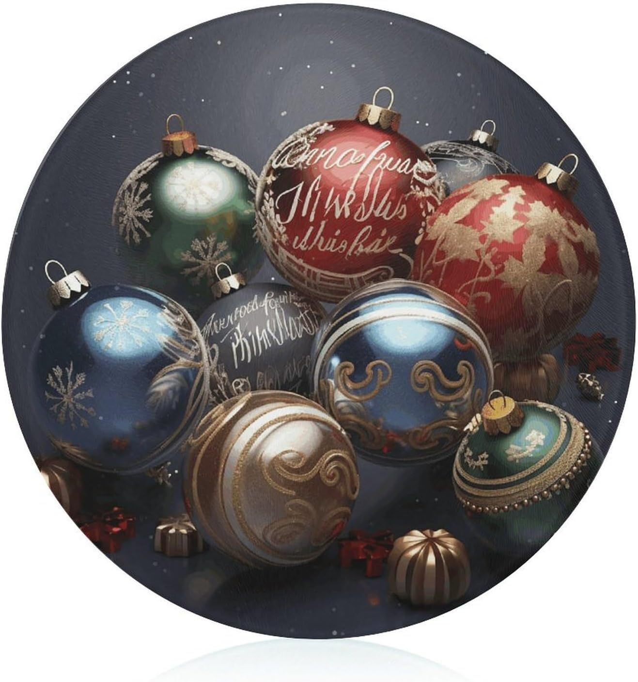 Christmas Balls Cutting Board Round Tempered Glass Butcher Block Heavy Duty Chopping Boards Kitchen Counter Protector Non Slip Cutting Mat for Meat Fruits Vegetables 7.9"