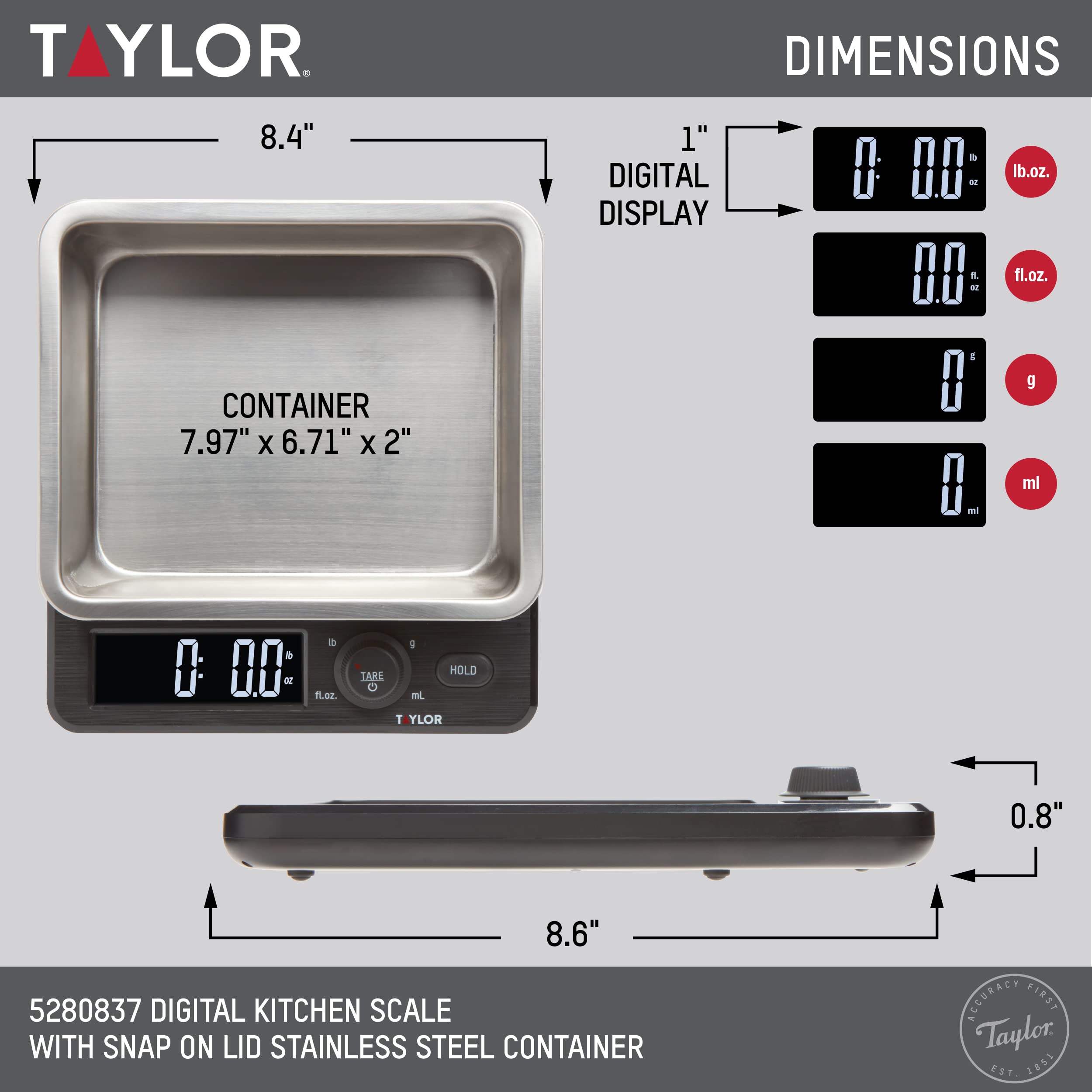 Taylor Precision Products Digital Kitchen Scale with Dishwasher Safe Stainless Steel Container and Snap On, 22 pound capacity, Black