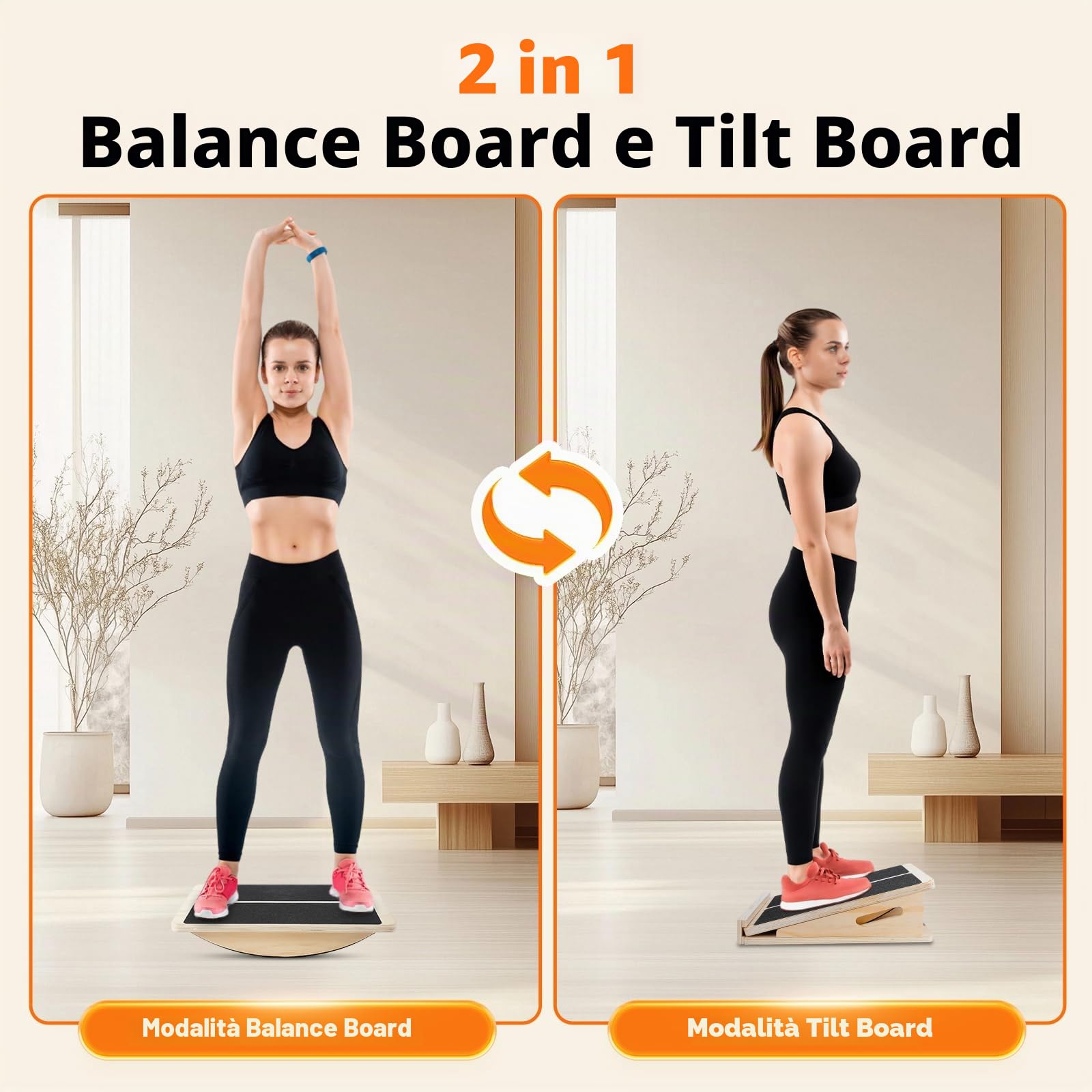 Tavola Inclinata in Legno, 2-Ini-1 Slant Board & Tavola Equilibrio con tappetino antiscivolo, 4 angoli regolabili Balance Board per Tallone, Squat, Stacco da Terra