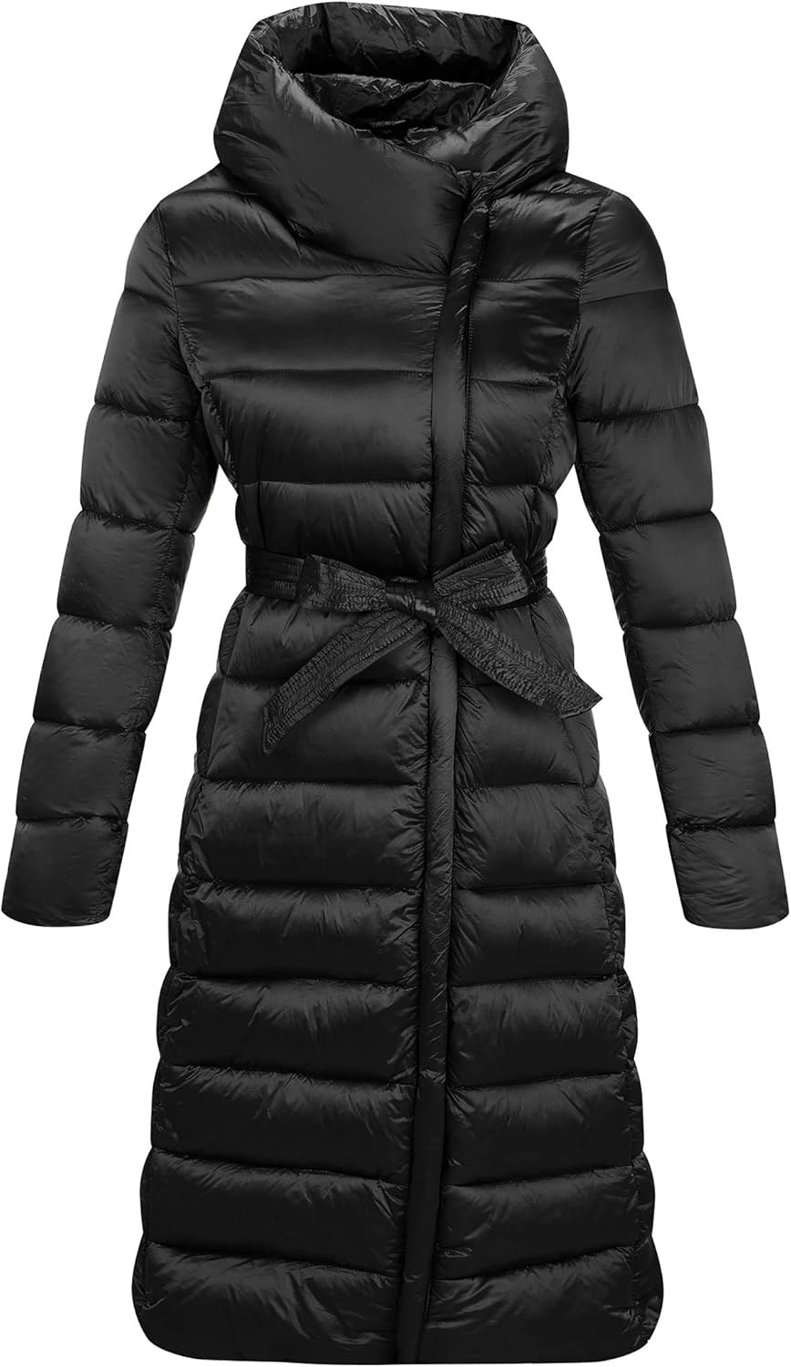 Bellivera Women's Puffer Jacket Lightweight Quilted Hooded Long Down Alternative Coat with Belt