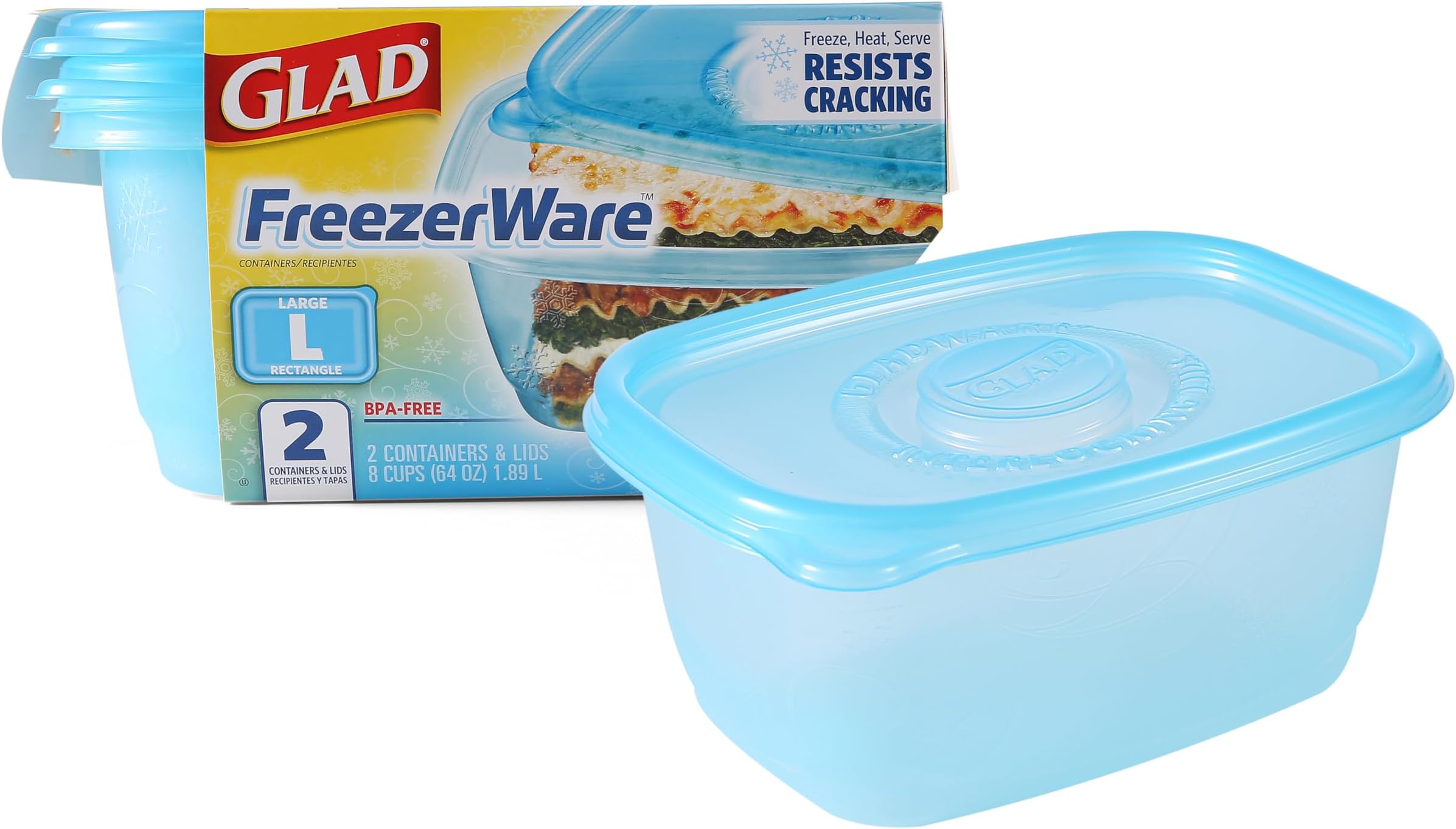 Glad Gladware Freezerware Food Storage Containers, Large Rectangle Holds 64 Ounces of Food, 2 Count Set | Tupperware, Plastic Food Container, Meal Prep Container, Plastic Containers with Lids