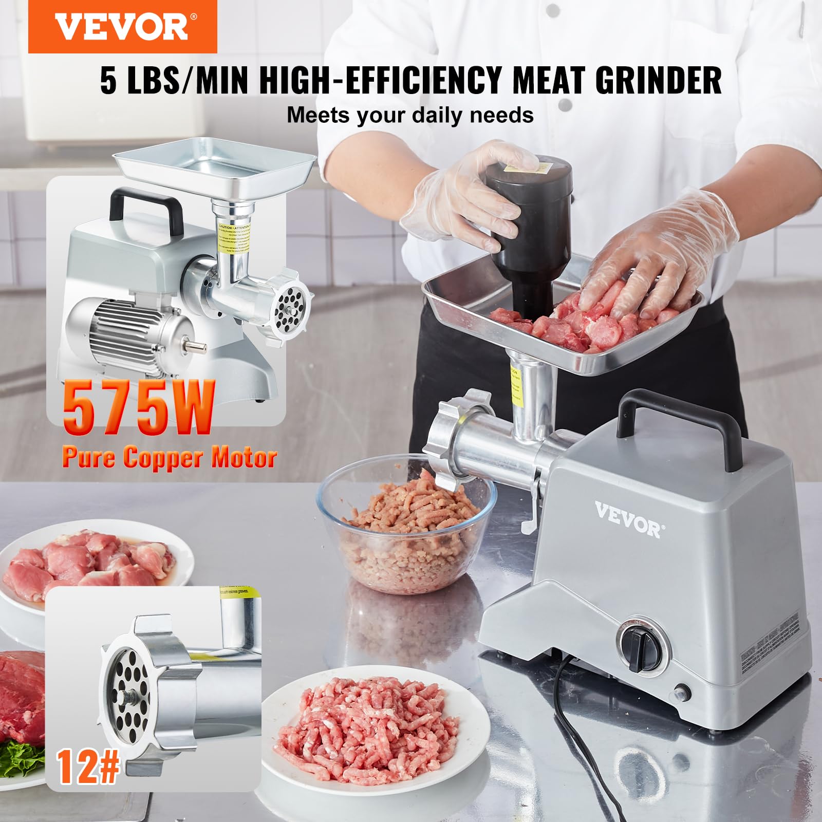 VEVOR Picadora de Carne 575 W Máximo 800 W Picadora Eléctrica Multifunción 2,27 kg/min con Cuchilla Placa de Molienda Picadora de Carne Comercial para Picar Rápidamente Carne Pollo Cebolla Ajo