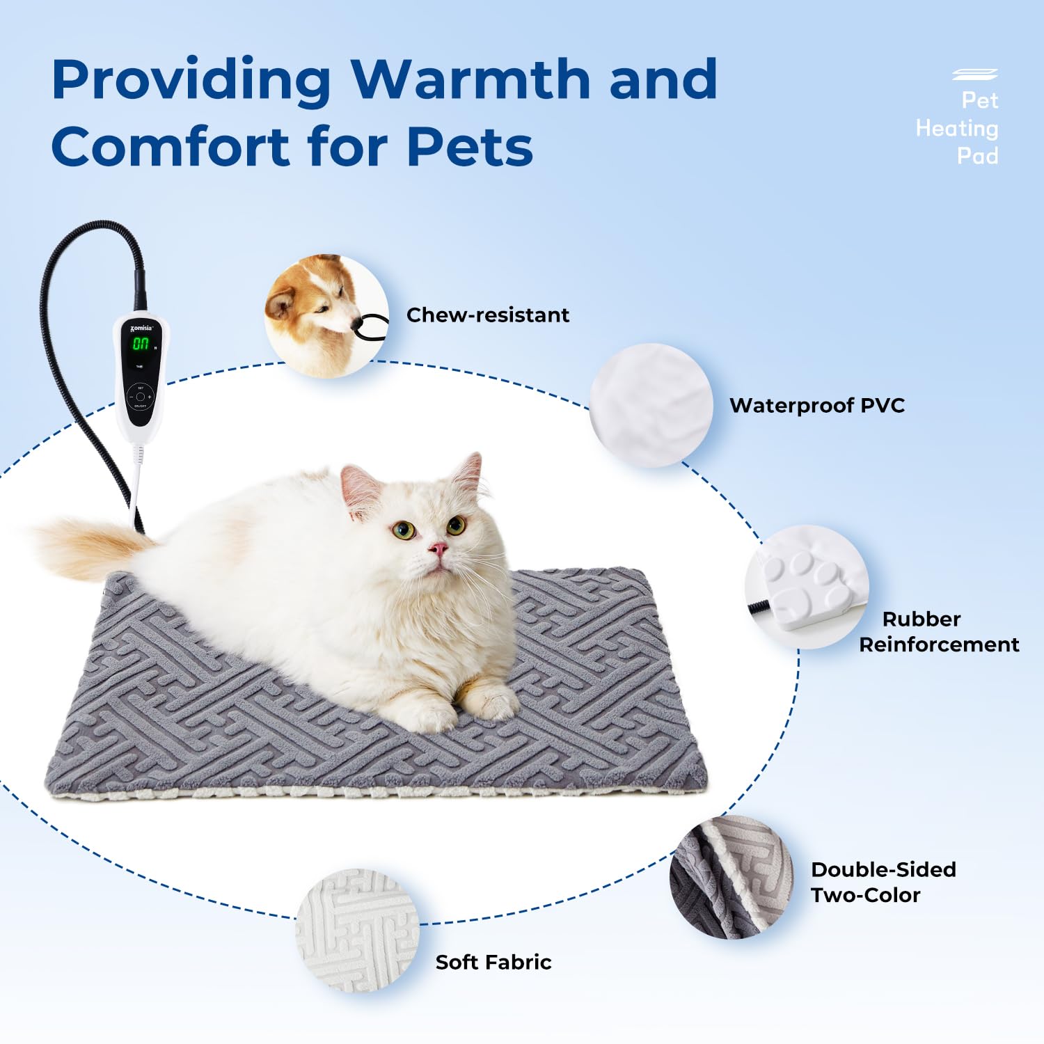 ZOMISIA Almohadilla térmica para perros de 28 x 18 pulgadas, 11 opciones de temperatura ajustable y 25 opciones de temporizador, cama térmica para perros interiores impermeable con cable resistente a