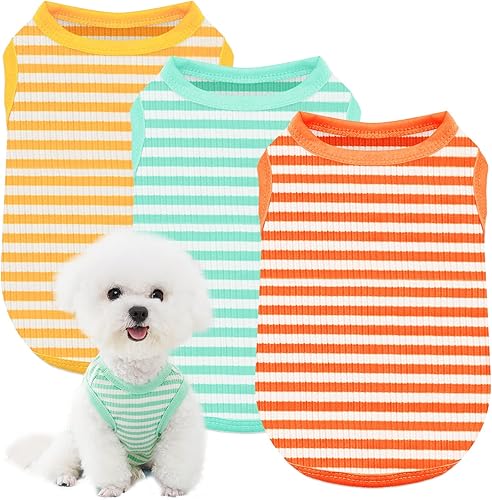 ABRRLO 3 piezas de camisas para perros pequeños, chaleco a rayas lindas de verano, ropa para perros pequeños, hembras y niños, camiseta elástica