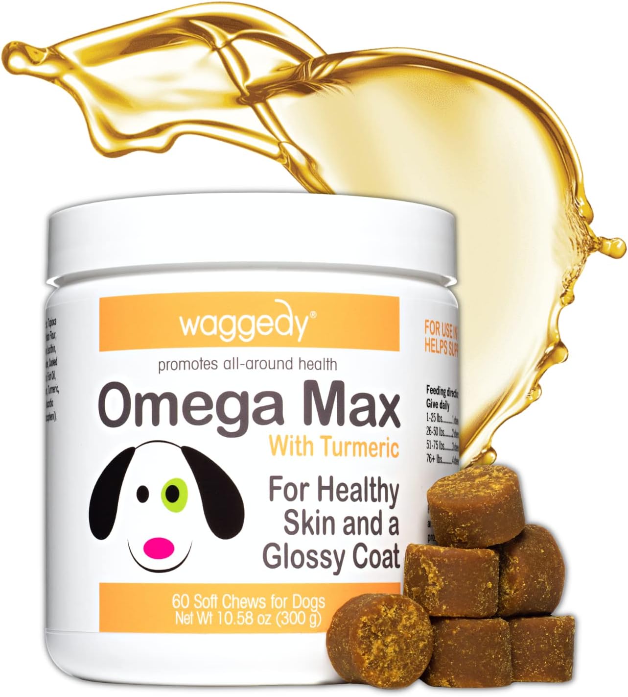 waggedy Max Omega Chews for Dogs w/Fish Oil, Essential Fatty Acids & Turmeric Supports Immune