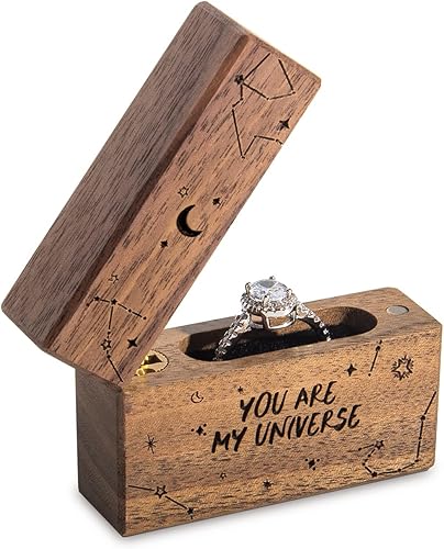 Miniatura 4 de Caja de anillo de compromiso de madera, pequeña funda plana delgada para propuesta, boda (You are my universe)