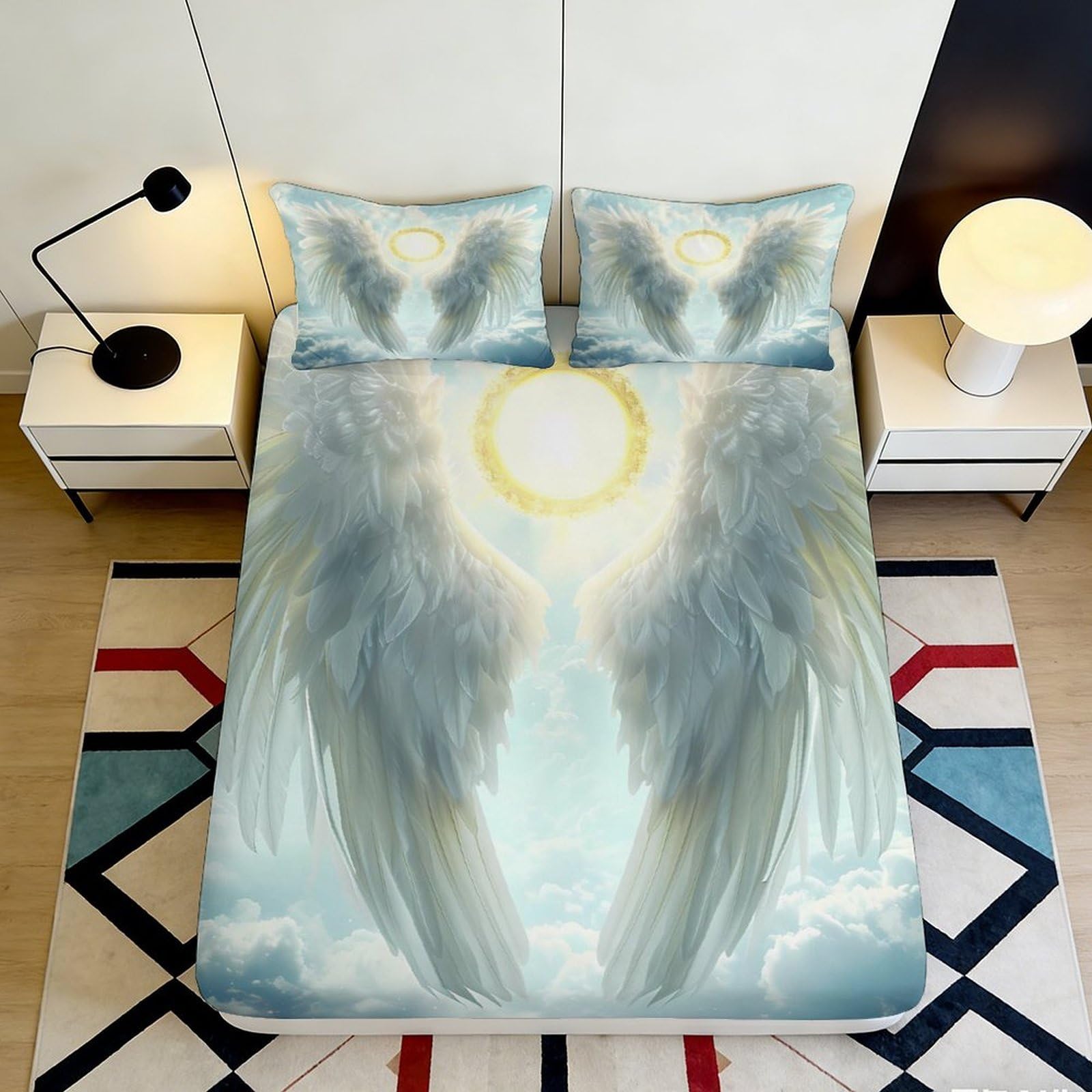 3D Printed Angel Wings Fitted Sheet Microfiber Soft Breathable Halo Bed Cover for Bedroom Guest Room Decor 90x200x25cm