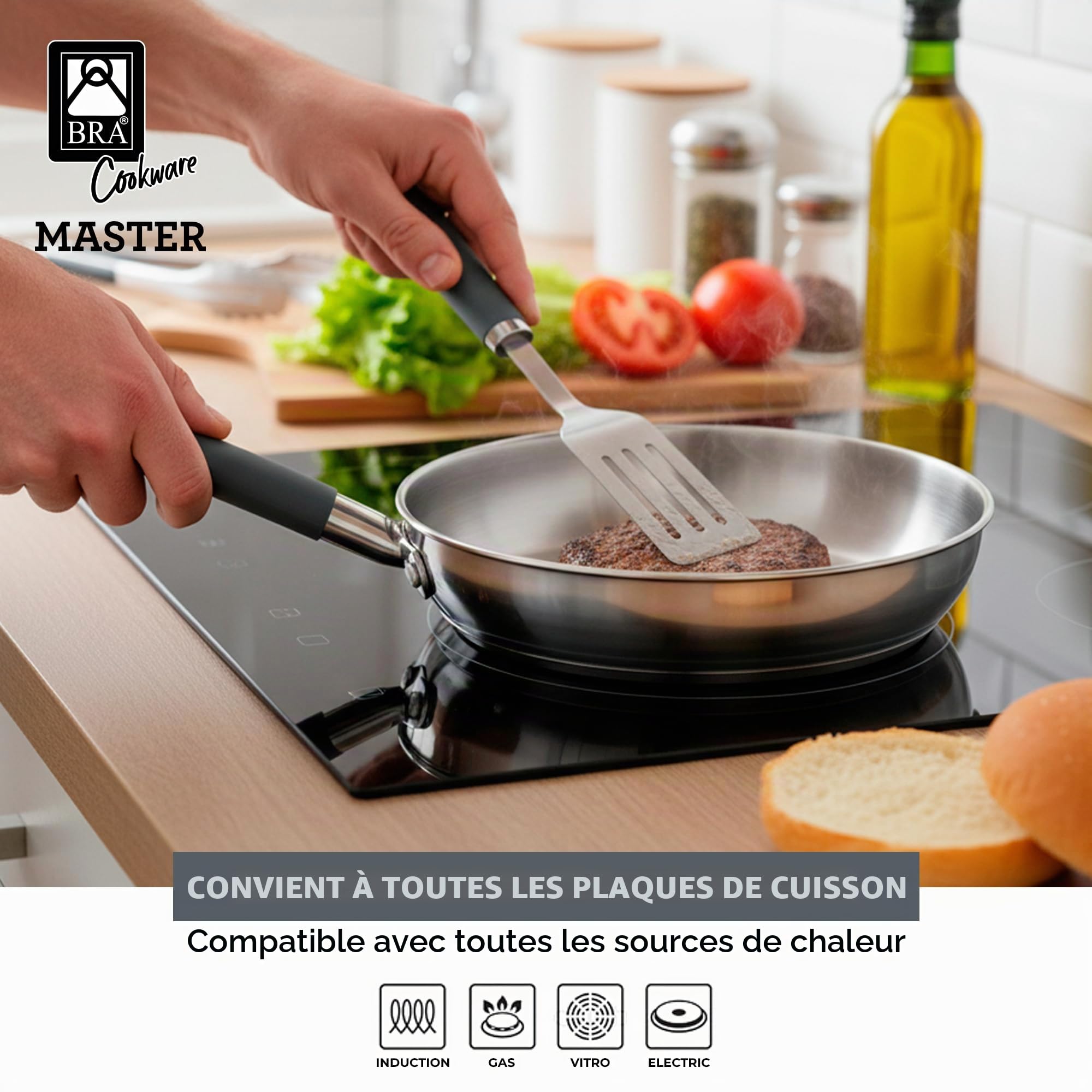 BRA Master Lot De Poêles 20-24-28 Cm, Acier Inoxydable, Sans Revêtement Antiadhésif, Sans Pfoa, Full Induction, Compatible Tous Feux, Manche En Acier Inoxydable Recouvert De Silicone