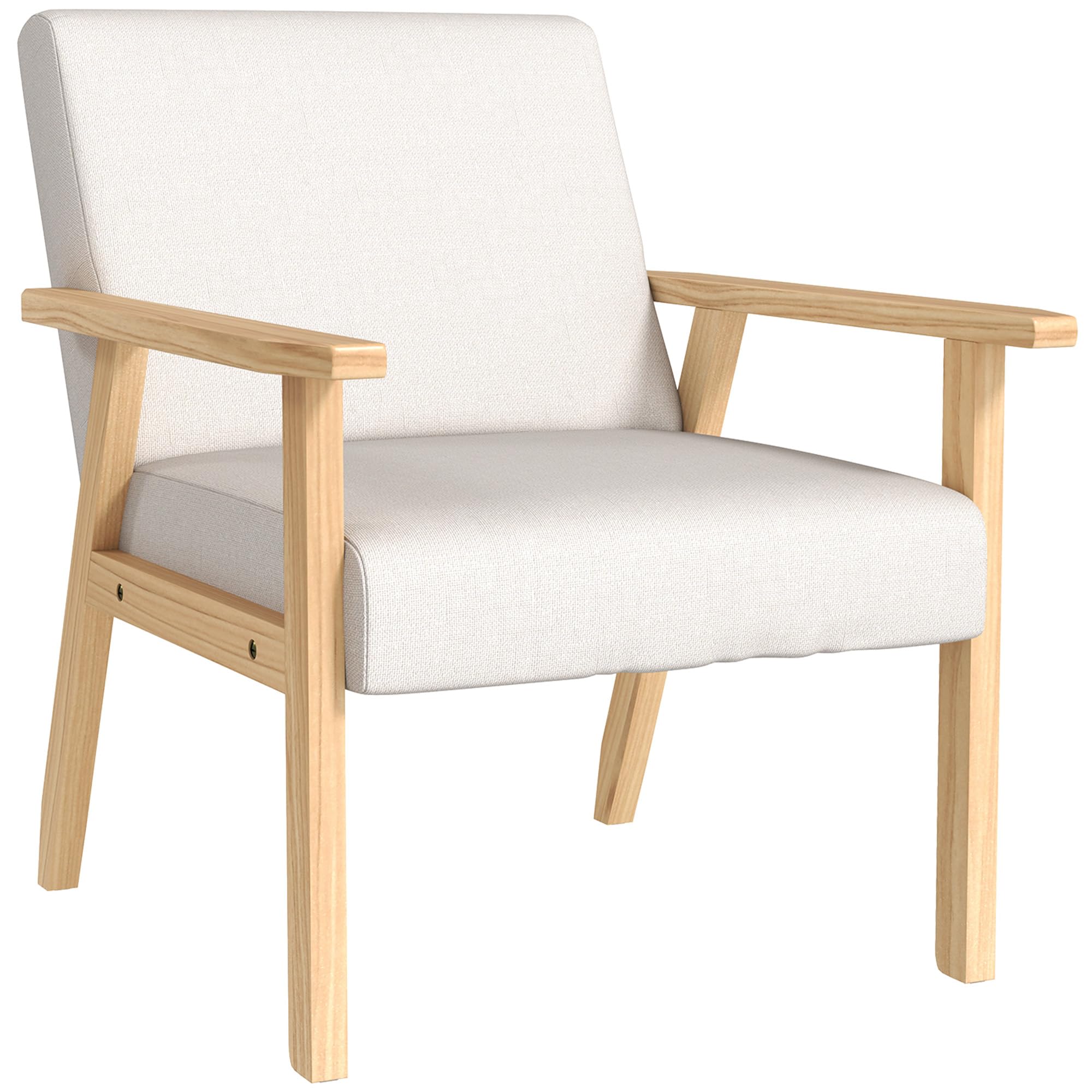 HOMCOM Sessel Wohnzimmer Loungesessel mit Massivholzbeinen, Cremeweiß – Leinenoptik, Skandinavisches Design