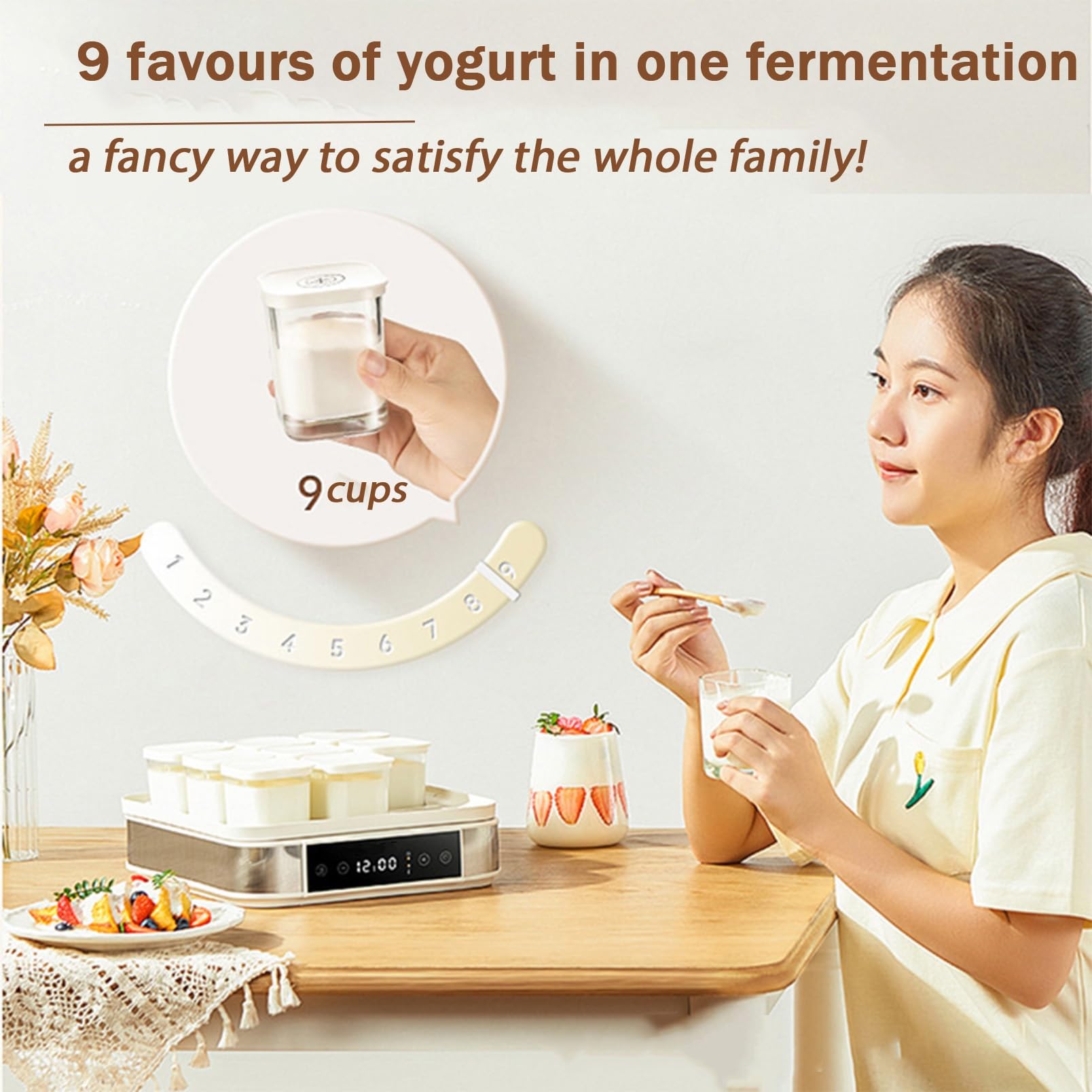 Yogurtiera Elettrica/Yogurtiera Automatica/Macchina per Yogurt Automatica con 9 Barattoli in Vetro, Display LED, Timer, Controllo Temperatura e Tempo per Yogurt Biologico Fatto in Casa