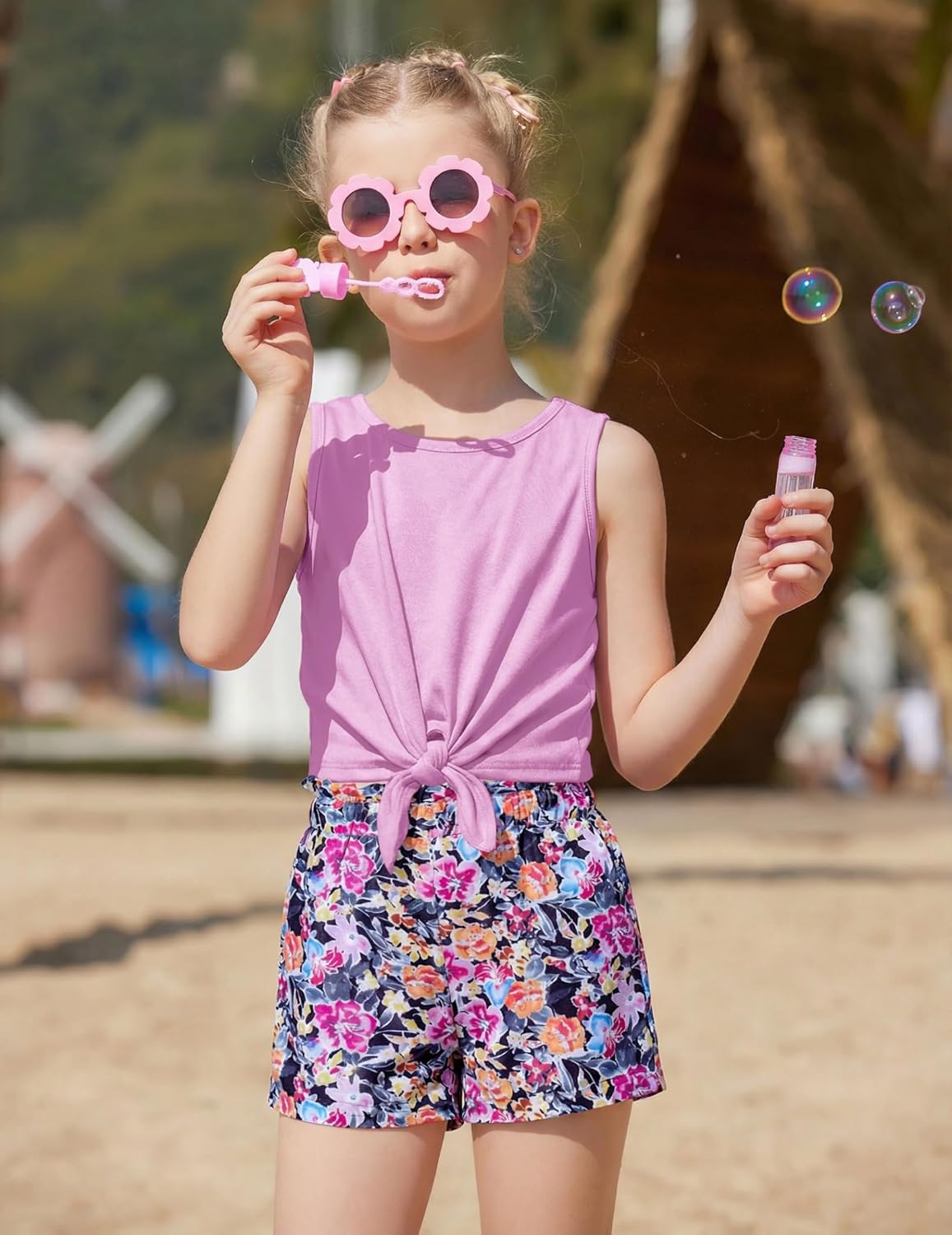 Arshiner Girl's 2 Piece Outfits Summer Tie Knot Tank Top and Paperbag Waist Pocketed Short Sets - Image 5