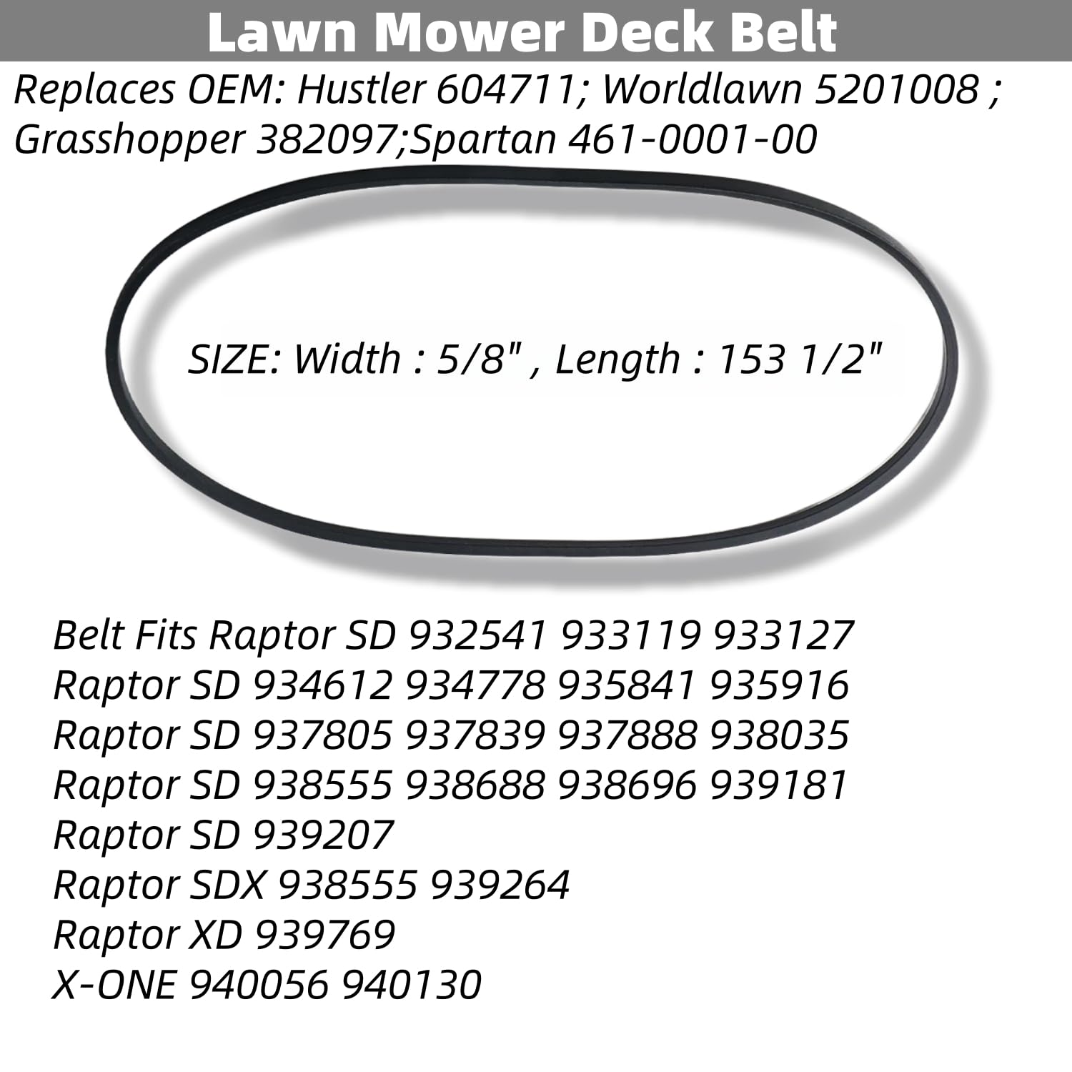 604711 5/8" x 153.5" 1/2" OEM Lawn Mower Deck Drive V-Belt Fits for Hustler Raptor SD 60 inch Deck Belt Grasshopper 382097 Husqvarna 577503601 Worldlawn 5201008