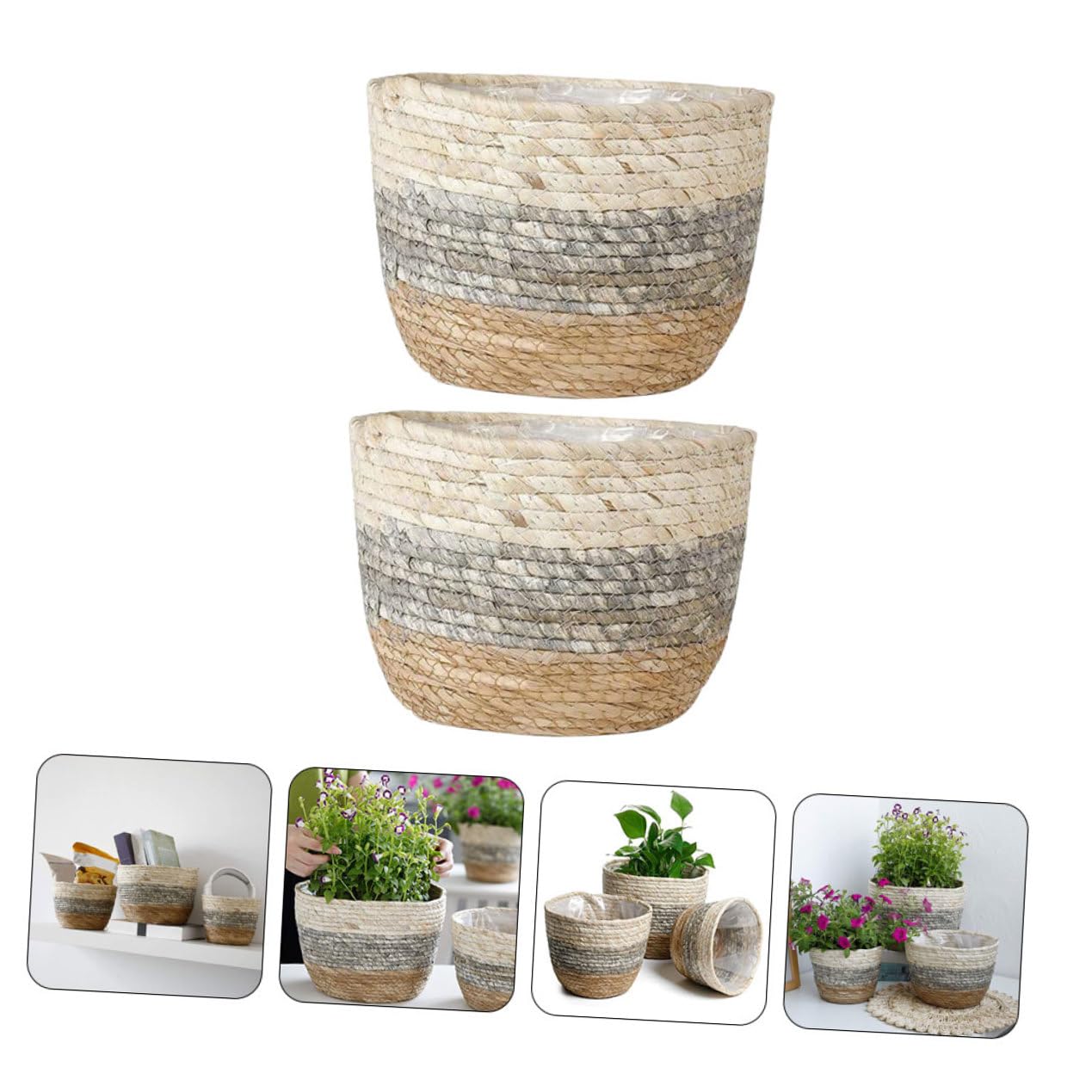 GANAZONO 2 Sztuki Woven Straw Flower Baskets Decorative Plant Containers for Desktop Indoor Rustic Farmhouse Style