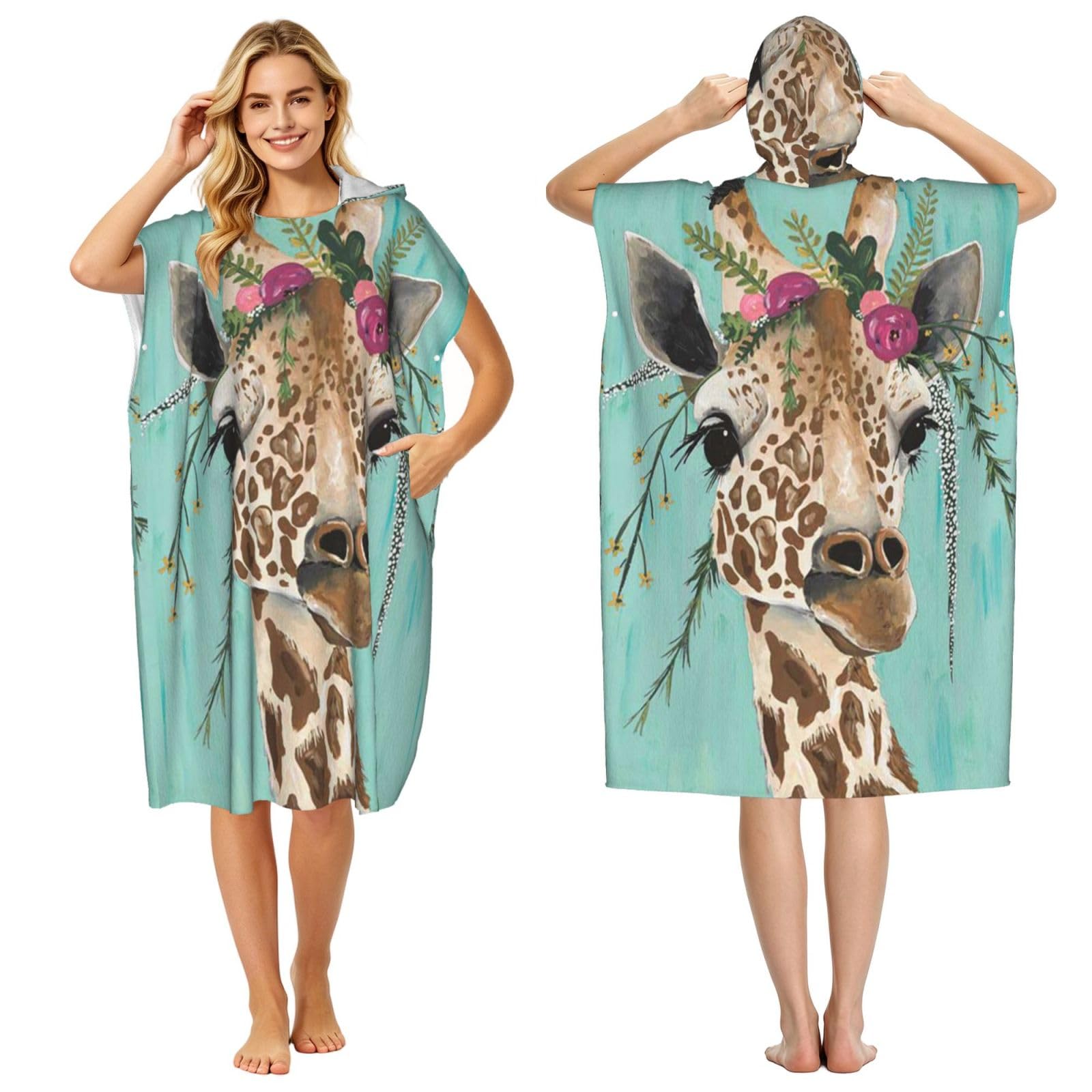 Poadnly Giraffe With Floral, Adult Hooded Beach Towel 90 x 110 cm,Changing Bath Robe, Surf Poncho Towel For Women Men
