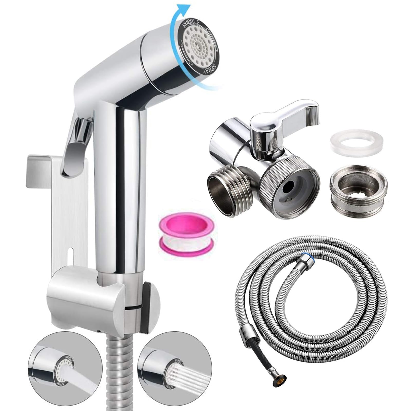 Produktbild von Bidet Handbrause Set, ABS-Kunststoff, Baby-Stoffwindel-Sprühset Mit Wasserhahn-Spender, Doppelstrahl-Modus, Düse,Federschlauch, Wandhalterung