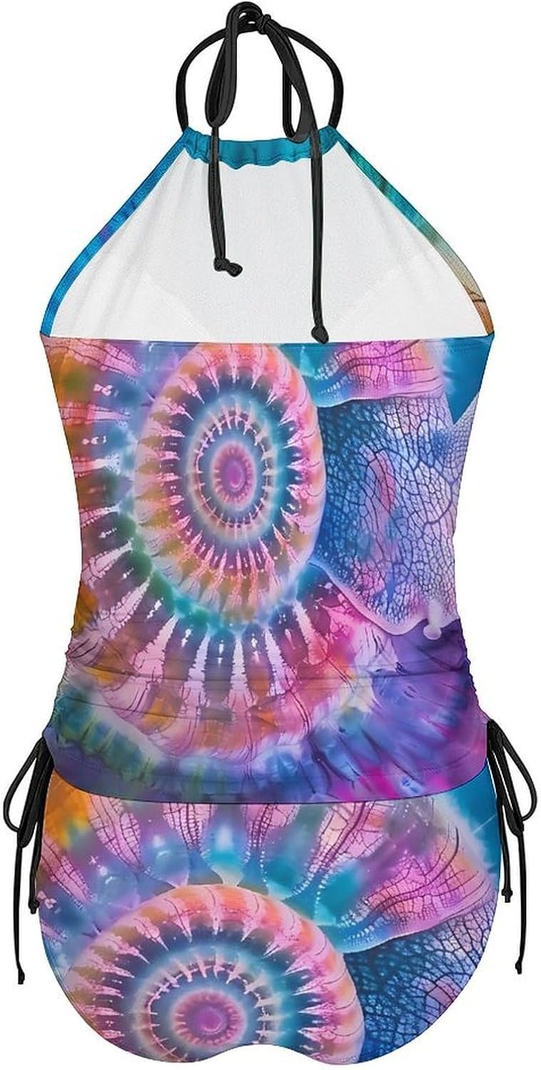 Tie Dye Snail Shell Women's Tankini Swimsuit Two Piece Tummy Control Bathing Suits Tie String Swimwear