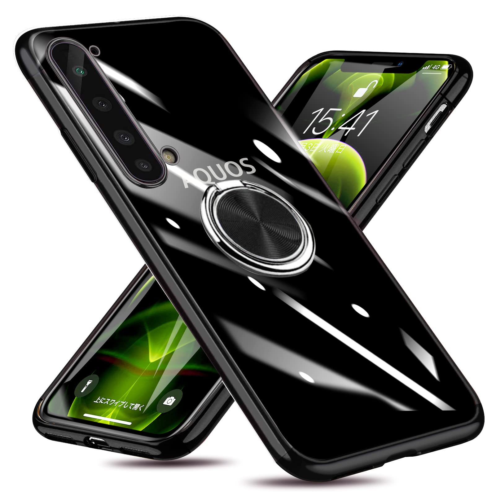 AQUOS R5G 用 ケース SH-51A SHG01 用 ケース リング付き アクオス R5G 用 クリアカバー 耐衝撃 スタンド機能 透明 TPU 車載ホルダー対応 落下防止 防塵 薄型 軽量 一体型 変形防止 全面保護カバー アクオス 用 ケース 黒 W-DDYX-18-05